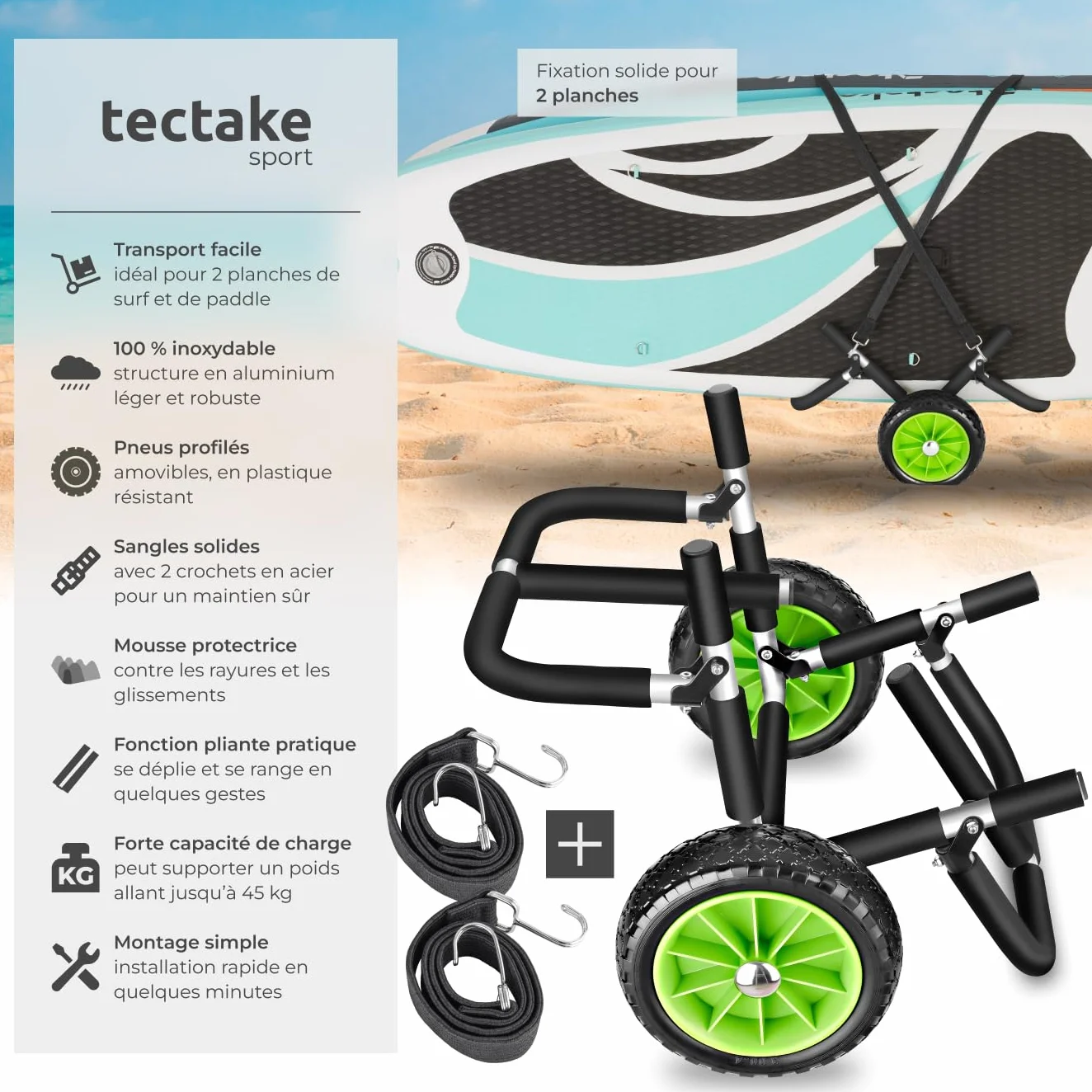tectake® Chariot de Transport Pliable Double pour Paddle Gonflable, Stand up Paddle, Planche de Surf, Cadre en Aluminium Inoxydable, Pneus profilés, Max. 45 kg
