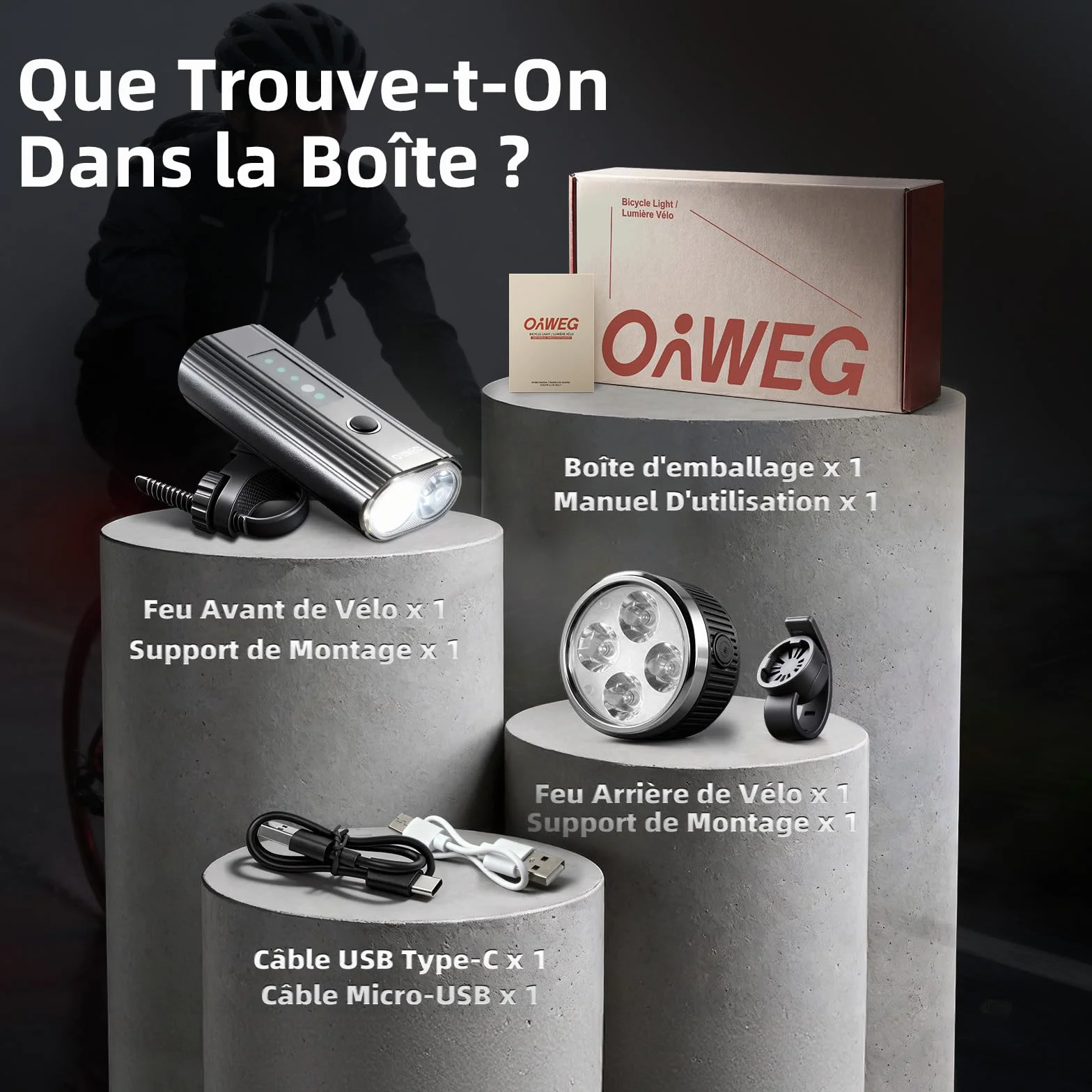 Kit Éclairage Vélo USB Rechargeable, Lampe Avant 700 Lumens, Feu Arrière 280 Lumens, IPX4 Résistant à l’Eau, 5+4 Modes, Support Rotatif 360° pour Vélo Route et VTT
