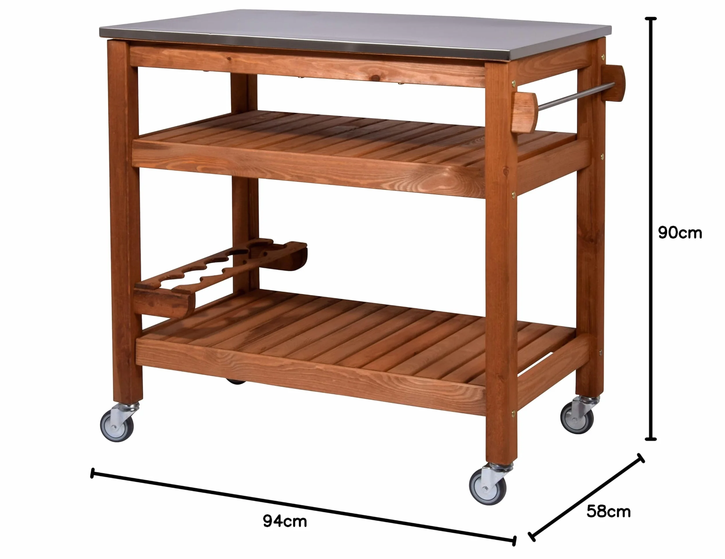 dobar Desserte à roulettes d'extérieur Plateau Acier Inoxydable 94 x 58 x 90 cm Pin Marron