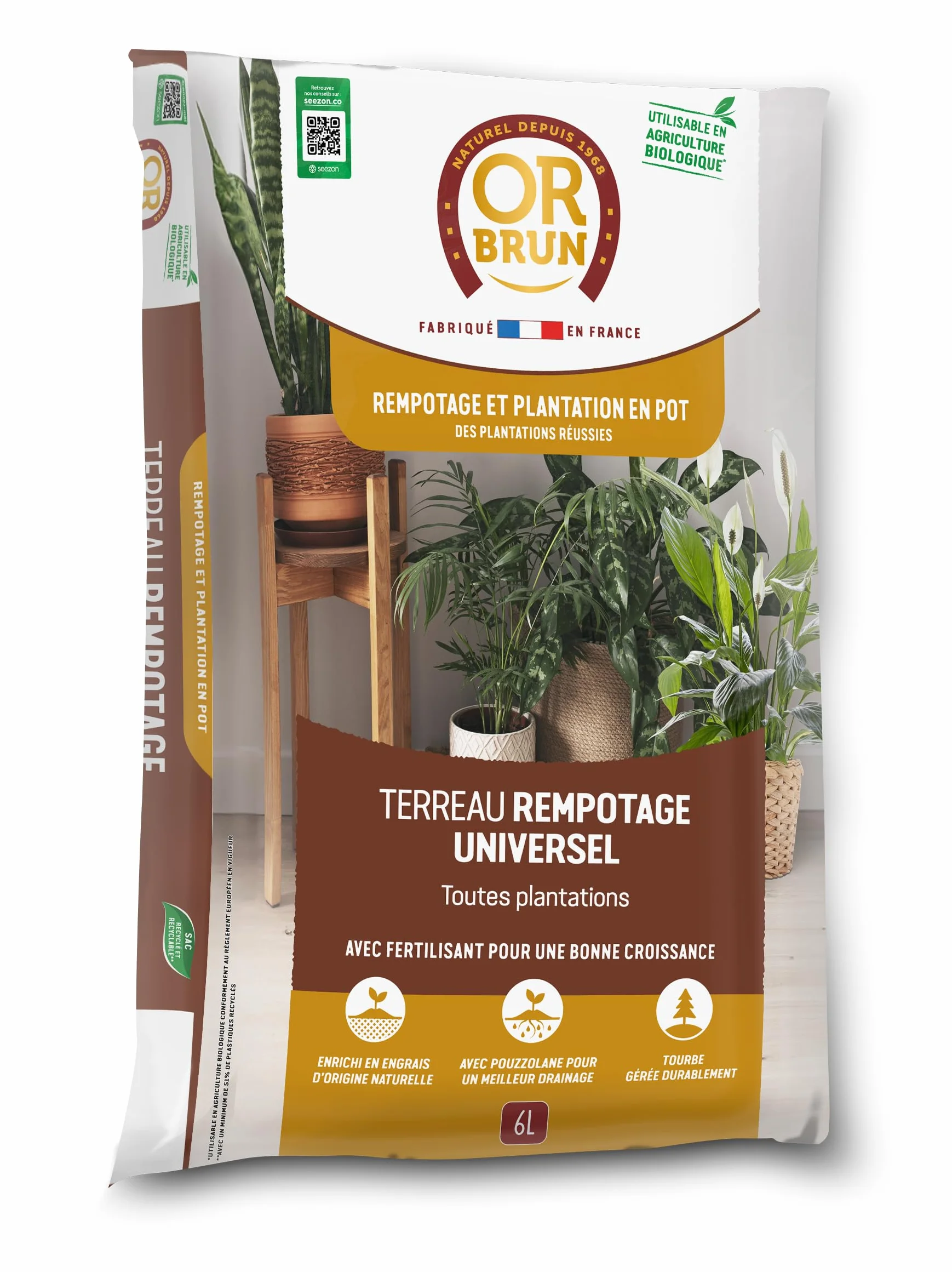 Or Brun Terreau Rempotage Universel 6L pour Plantes en Pots