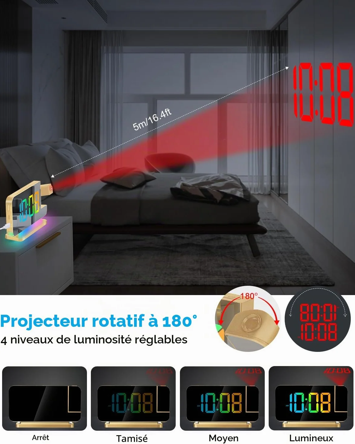 Réveil à projection Miroir LED 7,4" avec veilleuse RVB station de charge USB C projecteur rotatif 180° doré