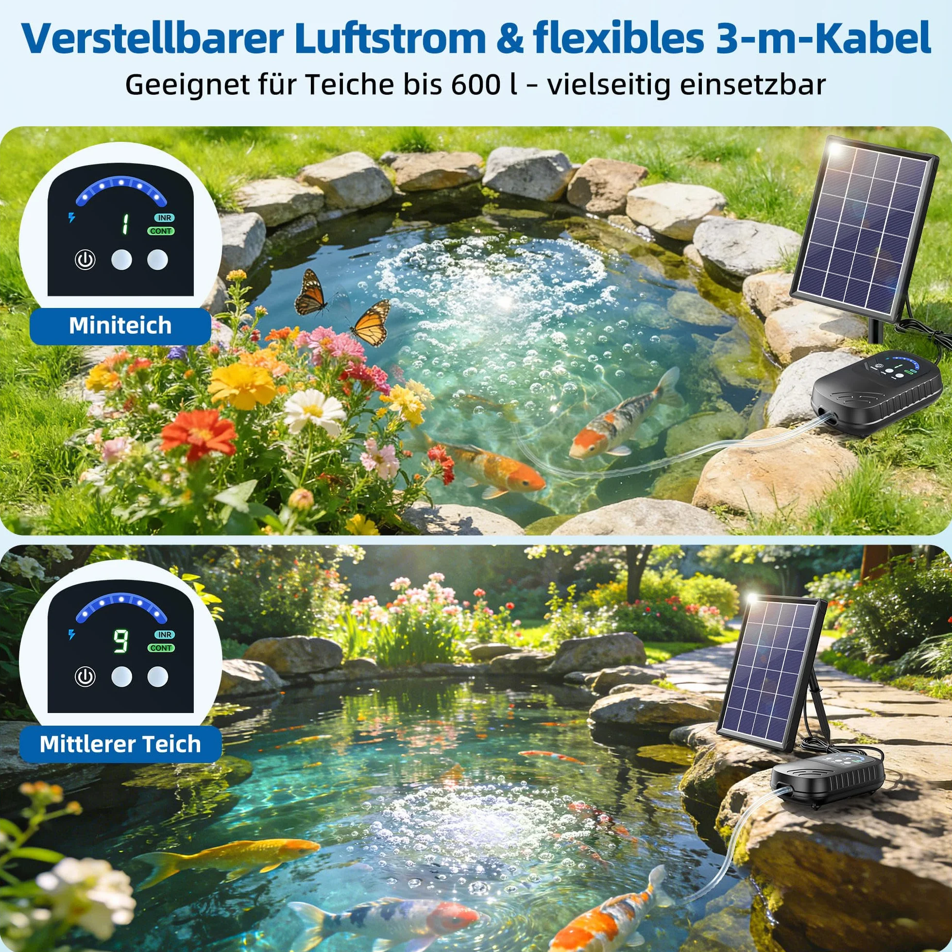 Biling Aérateur de Bassin Solaire 4 W avec Batterie 2200 mAh - Pompe à Oxygène Silencieuse IPX5 pour Bassin de Jardin