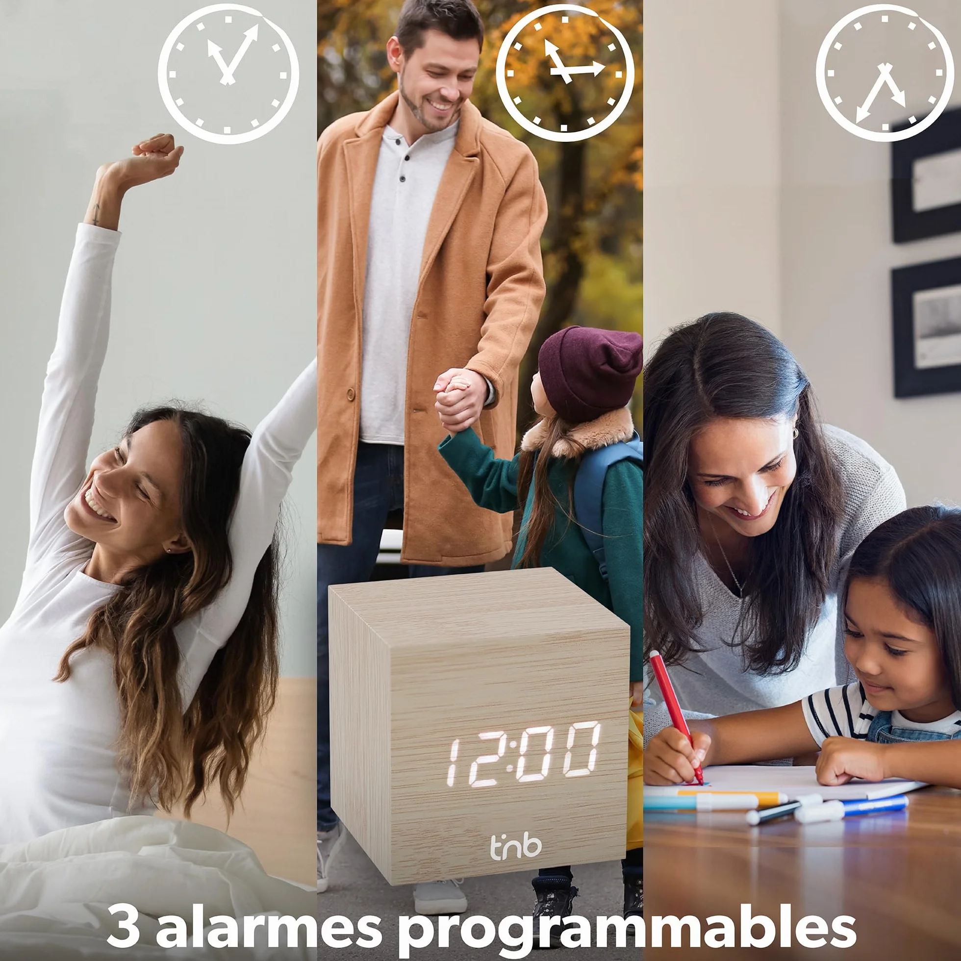 T'nB Cube Réveil Numérique 3 Alarmes Programmables Activation Tactile Vocale Affichage Heure Date Température Luminosité Réglable Bois