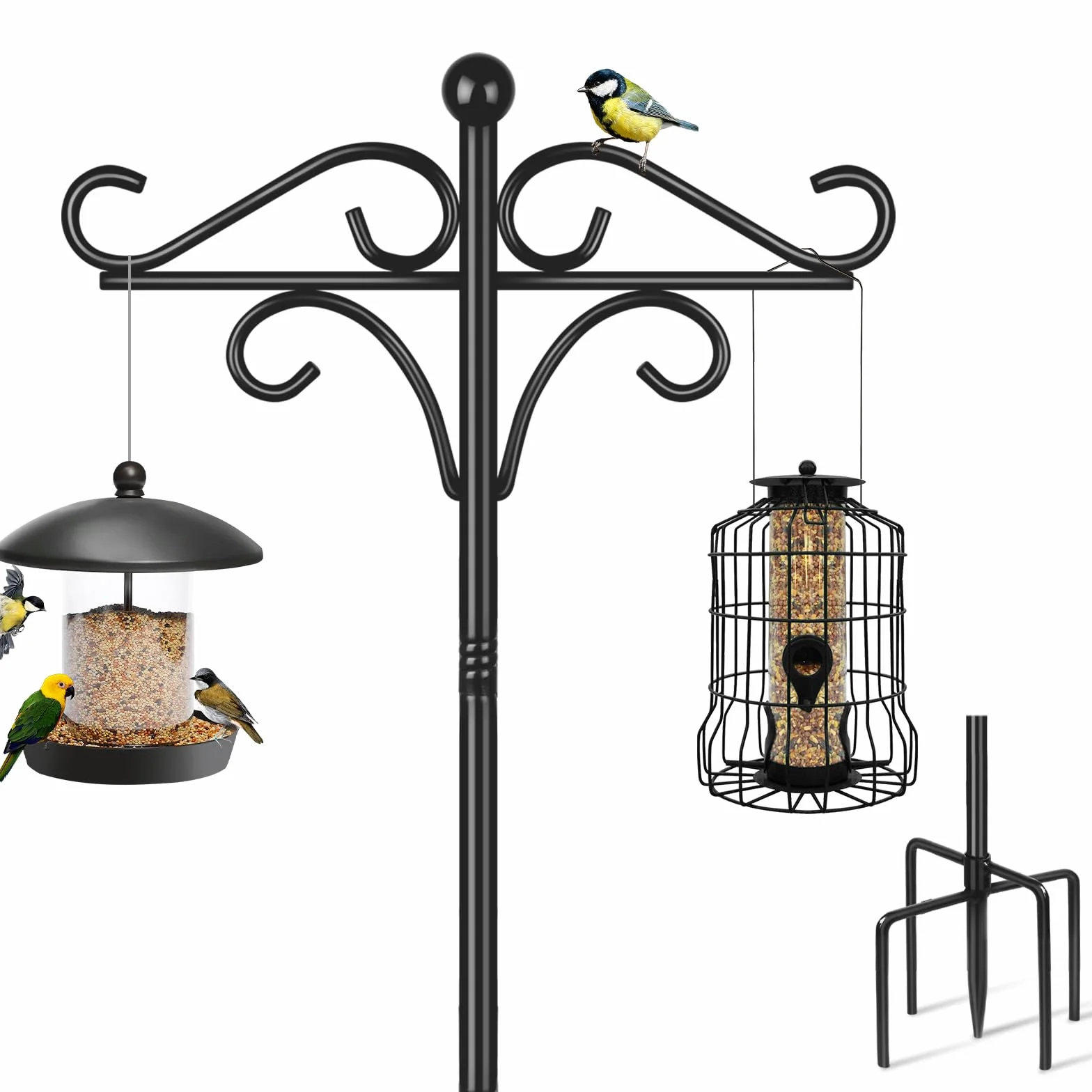 Support Mangeoire à Oiseaux sur Pied 195 cm Réglable 2 Crochets Double Autoportant Jardin Métal Noir