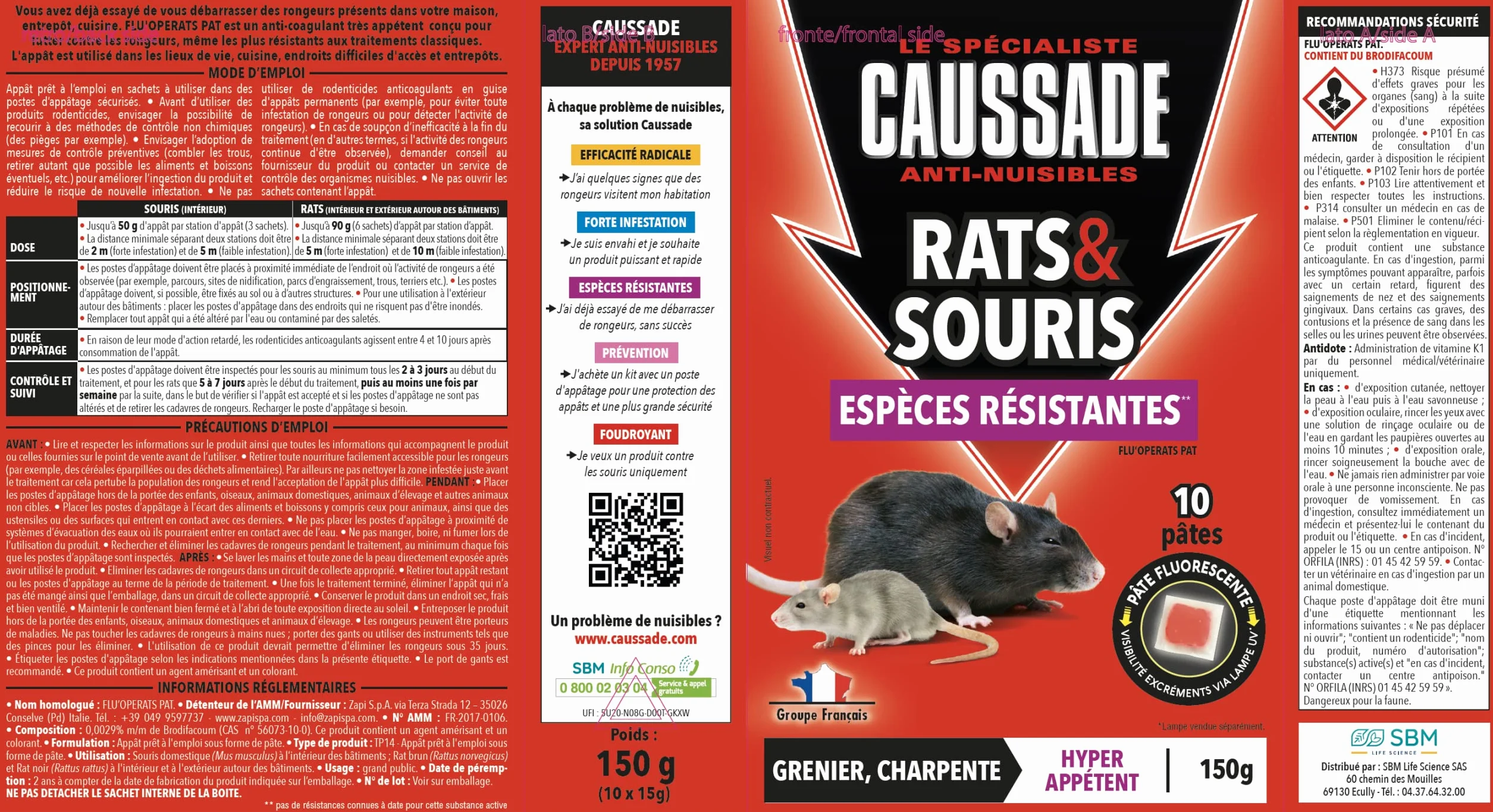 CAUSSADE Anti Rats & Souris 10 Sachets Pâtes Fluorescents 150g Fabriqué en France