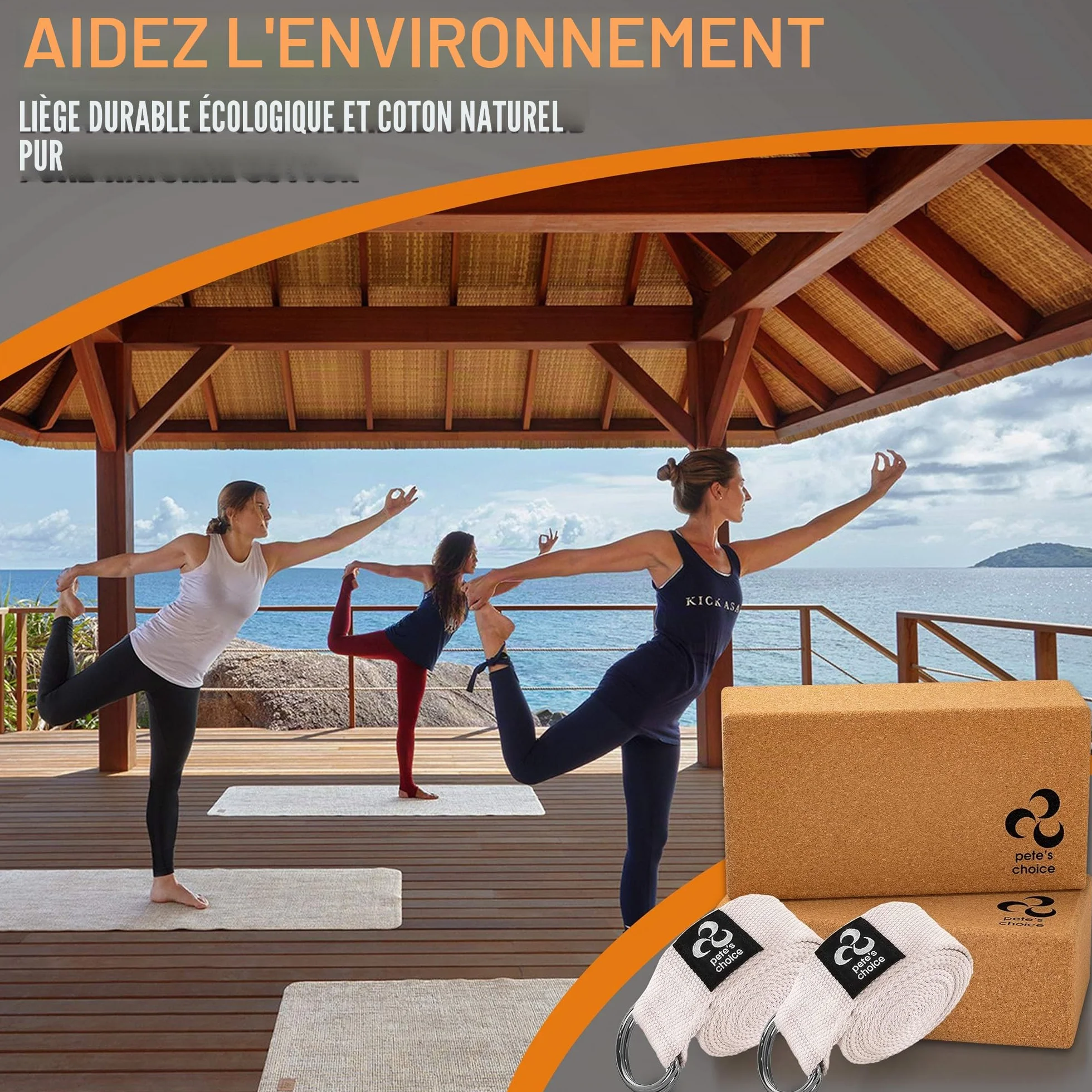 Blocs et Sangles de Yoga Eco Friendly Pack de 2 Blocs Naturels Fermes et Solides et 2 Sangles