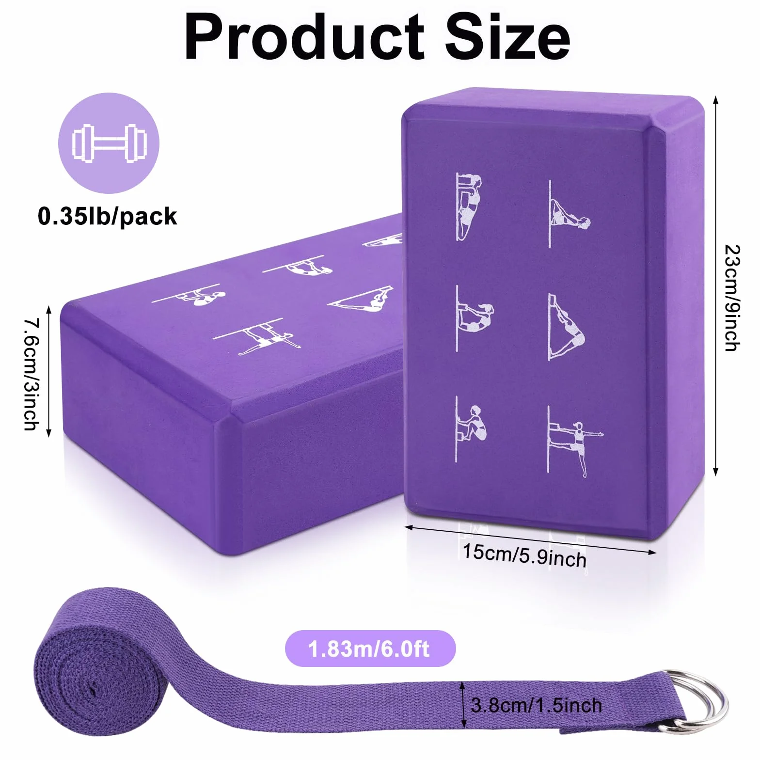 Lot de 2 blocs de yoga et sangles de yoga - Blocs en mousse EVA haute densité - Briques antidérapantes avec sangle de 6 m - Kit de blocs de yoga sans latex - 23 x 15 cm