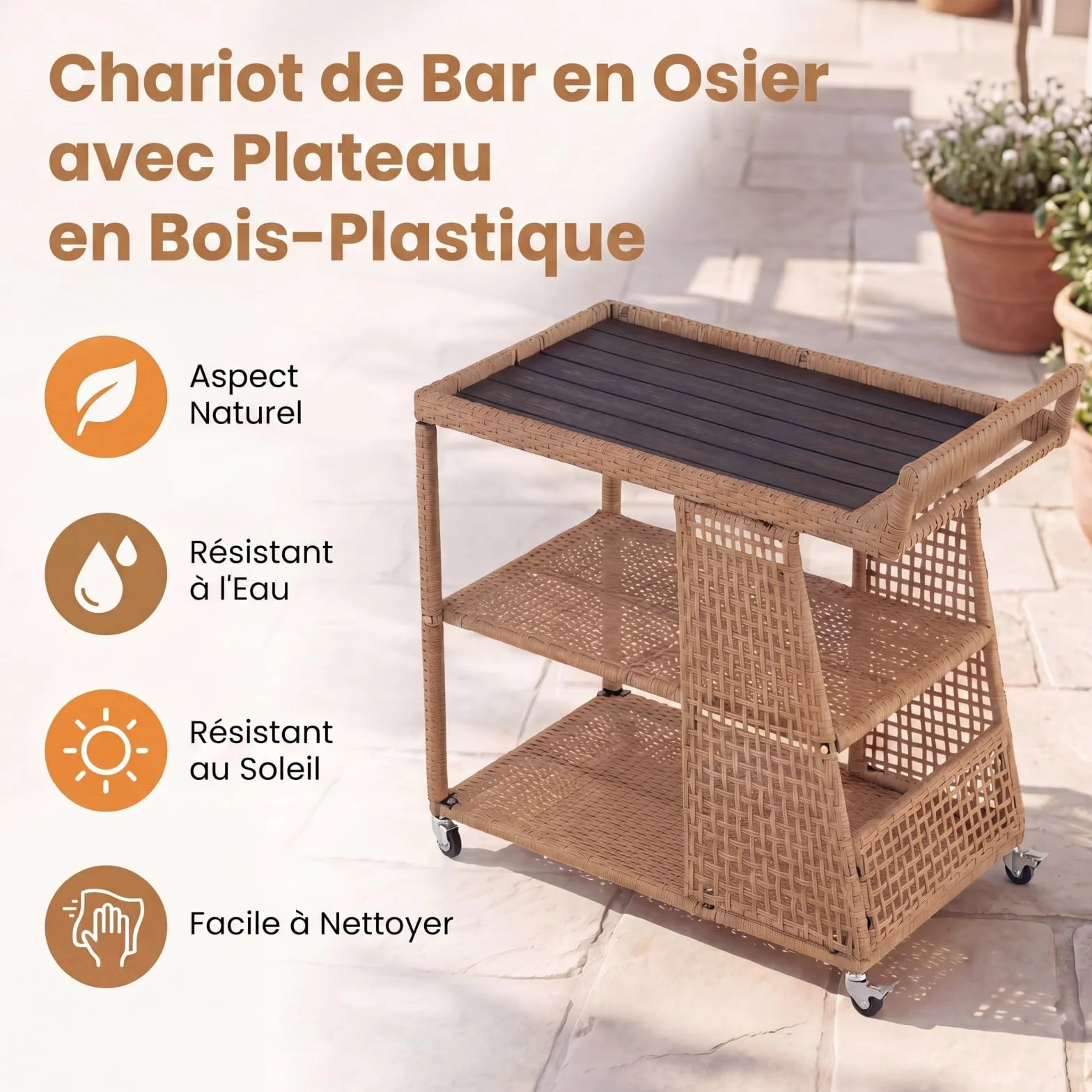 SOARS Chariot de Bar Extérieur en Rotin PE, 3 Niveaux, Desserte de Jardin