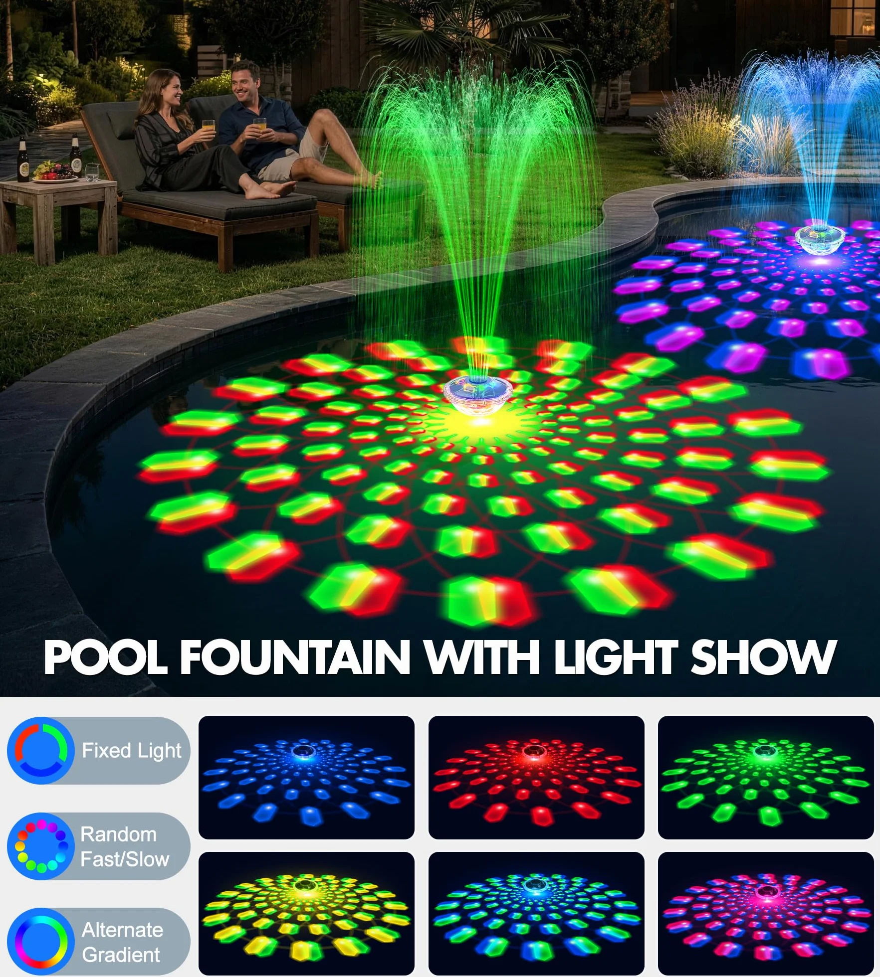 Fontaine Flottante Piscine avec Spectacle Lumineux 8000mAh 2 Modes Pulvérisation Jet Eau 130cm