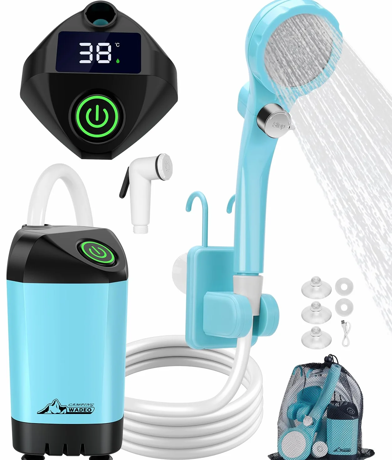 WADEO Kit Douche de Camping, Pompe de Douche Électrique Rechargeable, Pommeau de Douche avec Affichage Intelligent de Température et Pression d'eau Réglable
