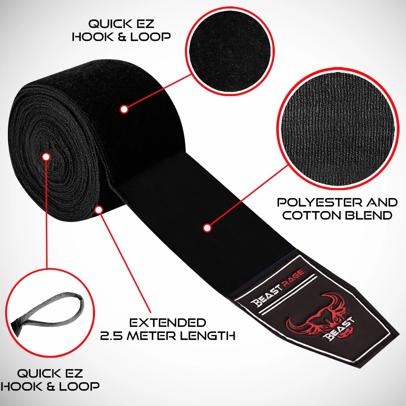 BEAST RAGE Bandages de Boxe pour Arts Martiaux de 4,5 m,Gants intérieurs,Sangles de Soutien pour Poignets, poinçonnage sous Les Mains, Phalanges
