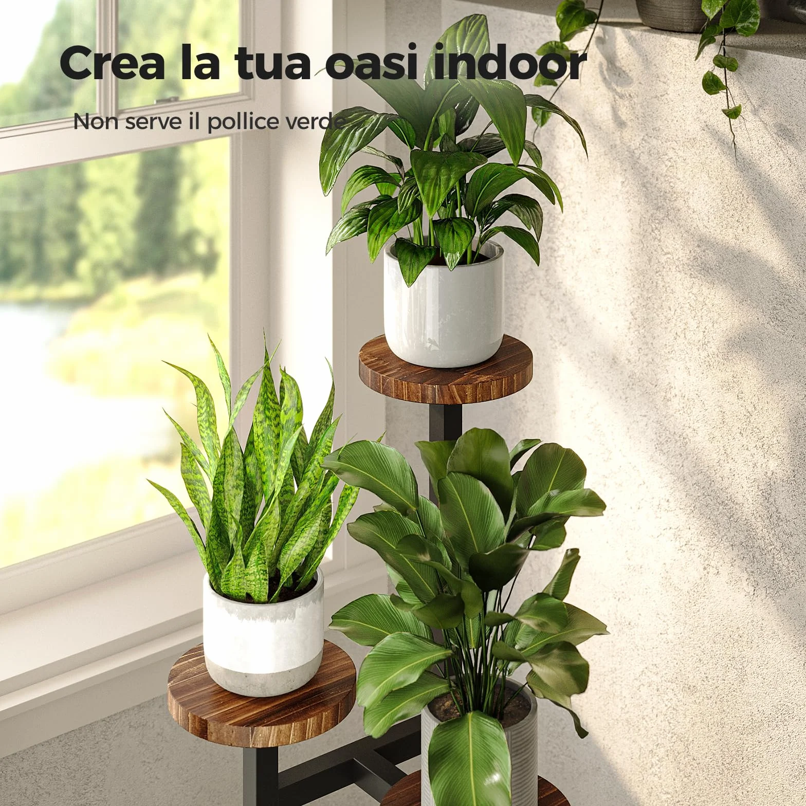 Bamworld Support Plante d'Angle 3 Niveaux en Métal Bois Étagère Fleurs Intérieur Jardin Extérieur