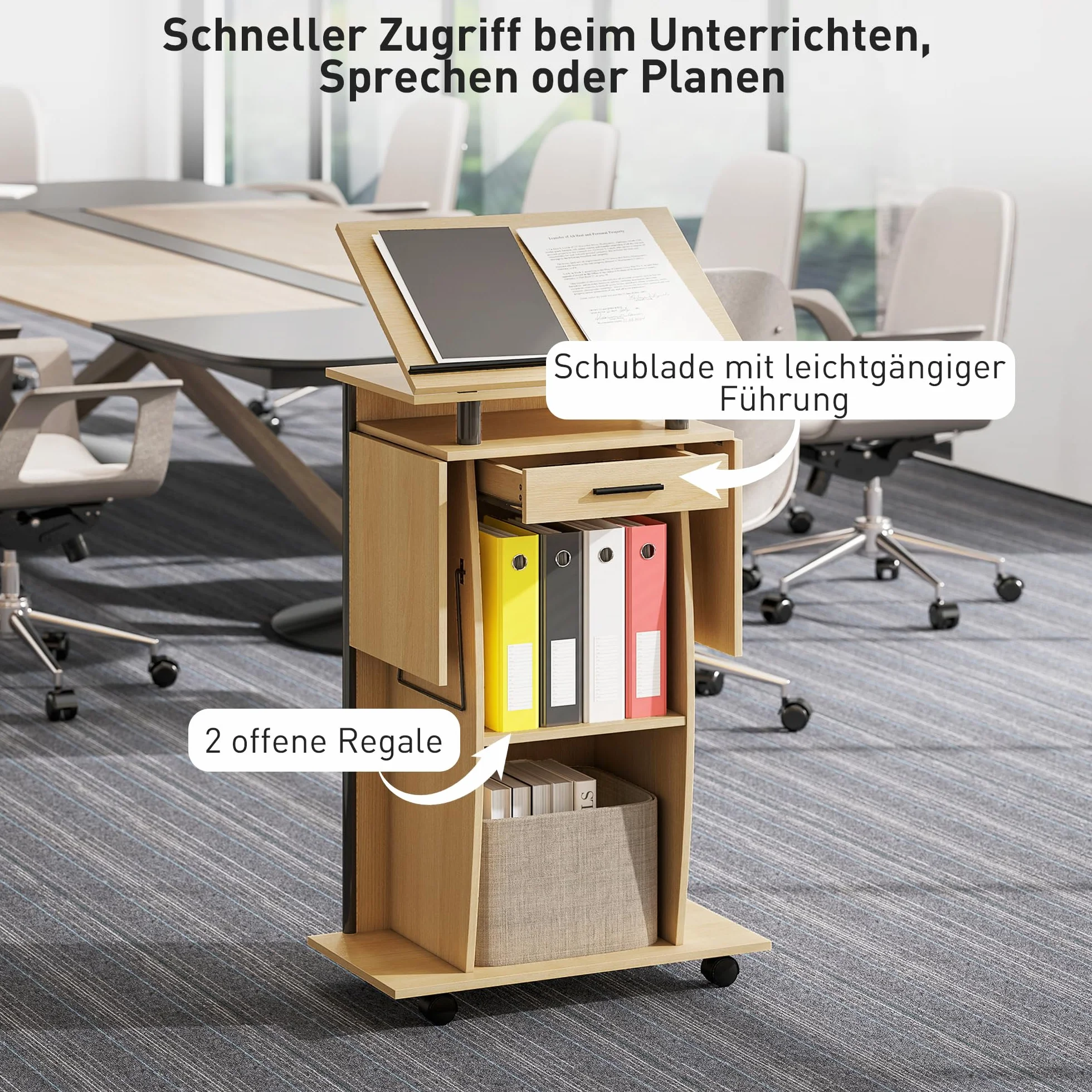 HOMCOM Podium avec roulettes ailes latérales pliantes support inclinable tiroir chêne 126 x 37 x 136 cm