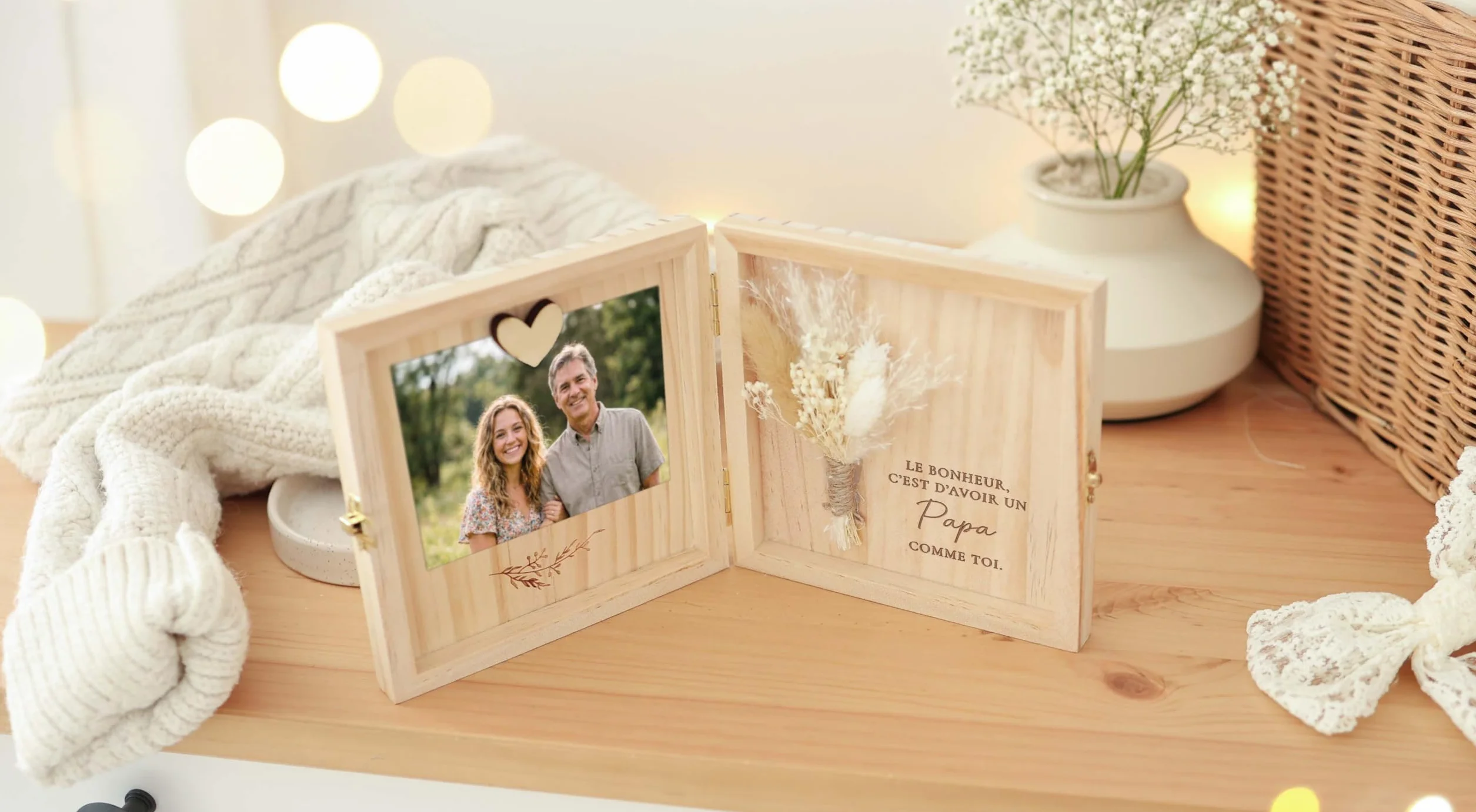Coffret cadeau papa en bois 14 x 14 x 3 cm - Le bonheur c'est d'avoir un papa comme toi