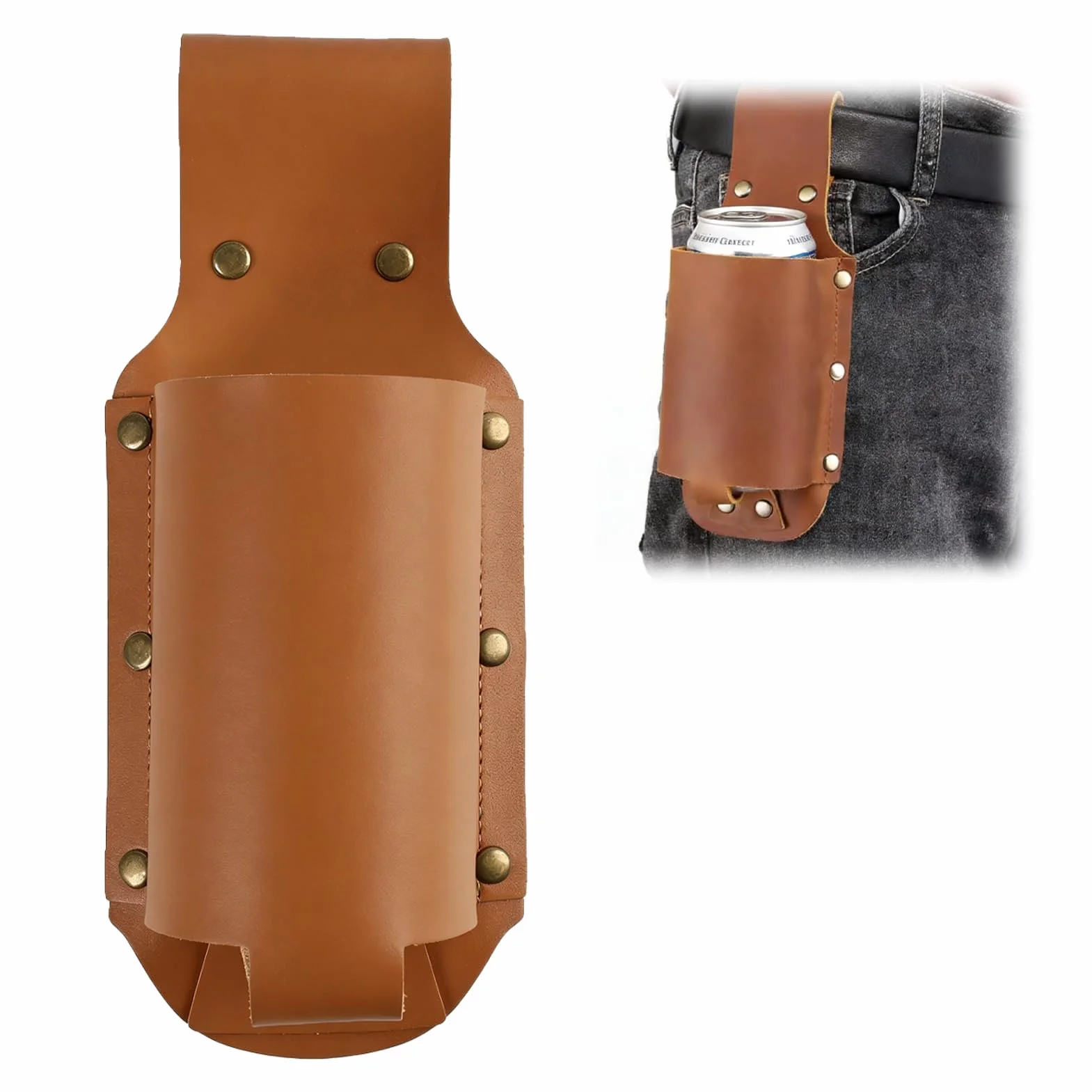 Ceinture de Bière en Cuir Porte Bouteille pour Ceinture, Support Canette et Bouteille Portable, Accessoire Mains Libres pour Voyage Randonnée Barbecue Fête Cadeau pour Homme, Marron