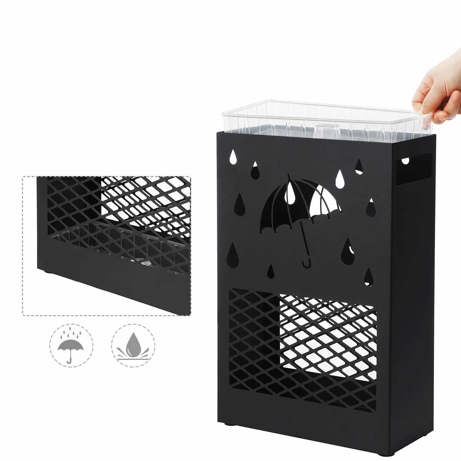 SONGMICS Porte-parapluies métal rectangulaire avec réceptacle d'eau amovible 4 crochets Noir