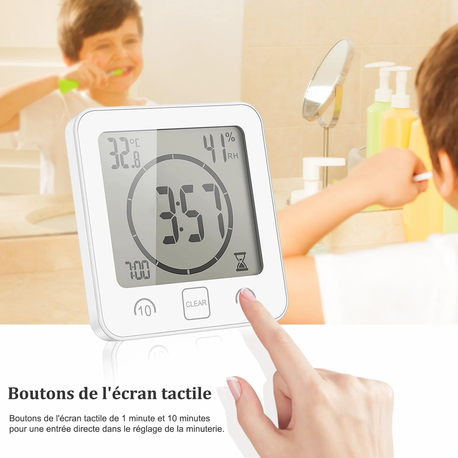 Horloge de salle de bain numérique à ventouse avec écran LCD, affichage humidité température, minuteur, blanc