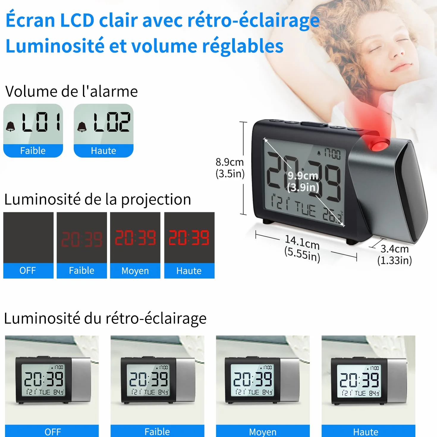 Horloge à Projection numérique LCD avec température, date, 12/24H, réveil de bureau réglable (Rouge)