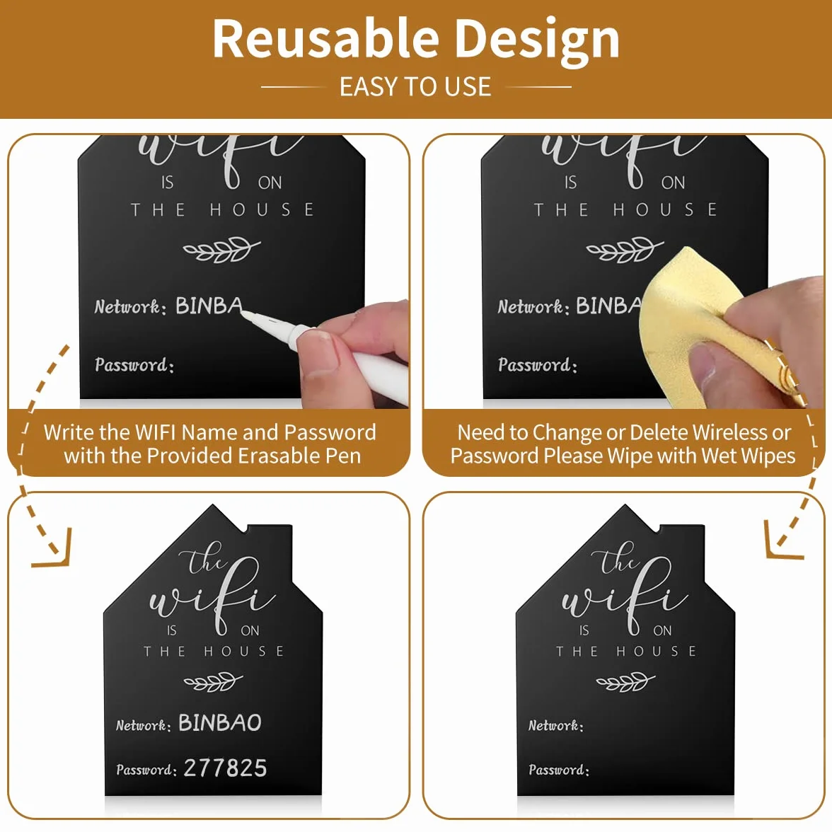 Signe WiFi en bois pour maison avec tableau noir et stylo effaçable 13x9 cm noir