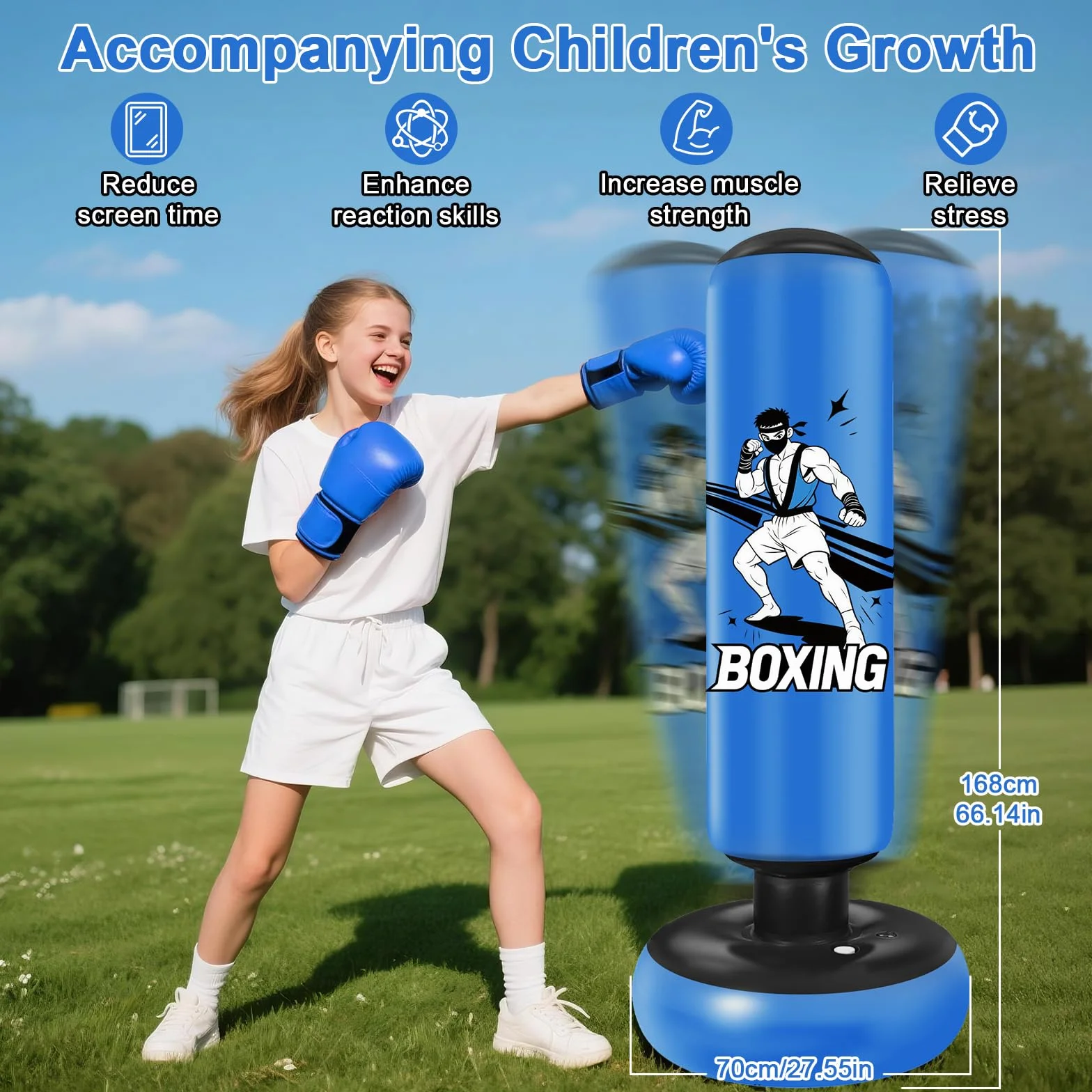 Sac de Boxe pour Enfants, avec Gants de Boxe, 168cm Gonflable Sac de Frappe Enfant Pratique du Karaté, Taekwondo, Cadeaux pour GarçOns et Filles