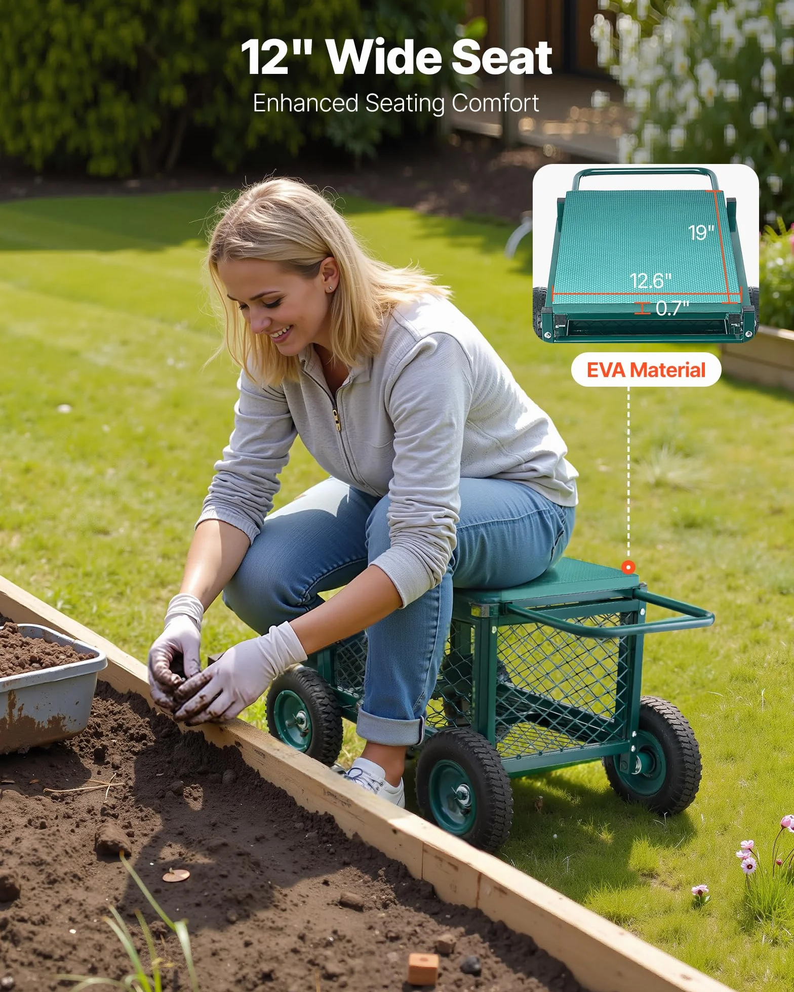 VEVOR Siège de Jardin Roulant, Tabouret de Jardinage avec Bac de Rangement, Capacité 181 kg, Métal