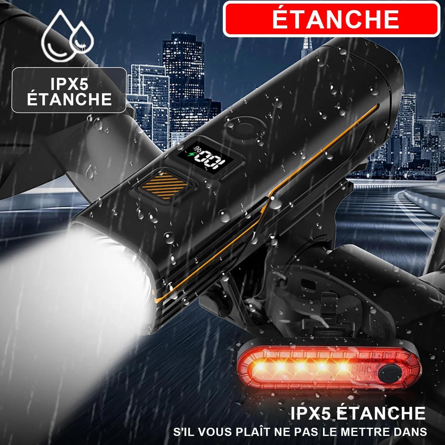 EBUYFIRE Lumières de Vélo Capteurs de Lumière et Affichage Numérique, Set d'Éclairage LED Rechargeable pour Vélo - Super Luminieux Phare Avant et Arrière,Lampe Torche Cyclisme