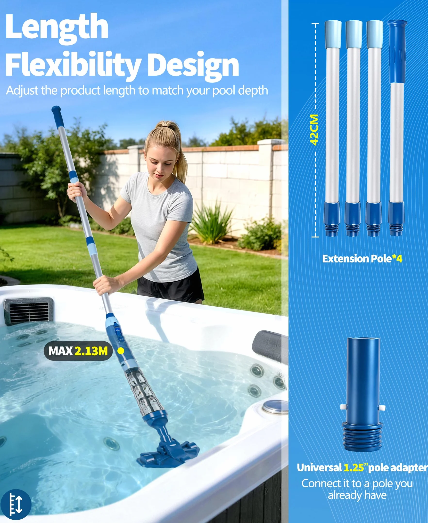 PoolLeader Aspirateur Piscine sans Fil 60L/Min 2.13M Balai avec Capteur d'eau 2 Têtes Nettoyage Autonomie 90min