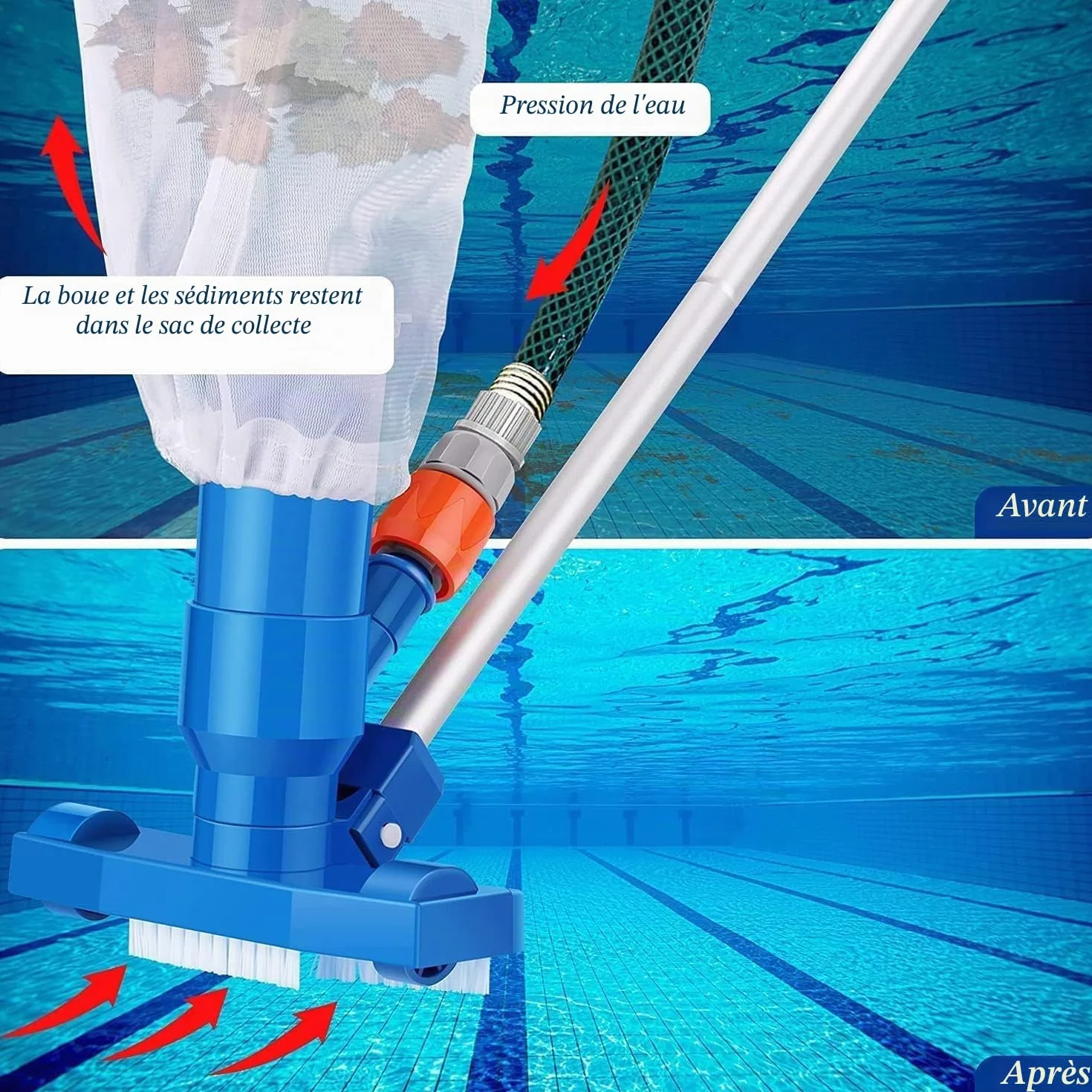Aspirateur de Piscine, Mini Aspirateur Portable avec 5 Sections de Poteau et Sacs à Filet, Kit Nettoyage Piscine