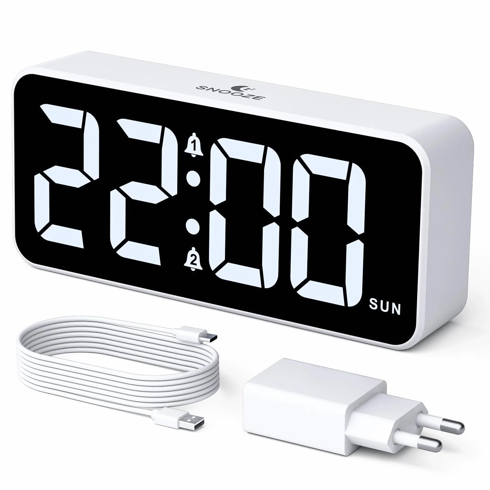 Réveil Numérique avec Grand écran LED, Double Alarme, Snooze, 10 Sonneries, Luminosité et Volume Réglables, 12/24H