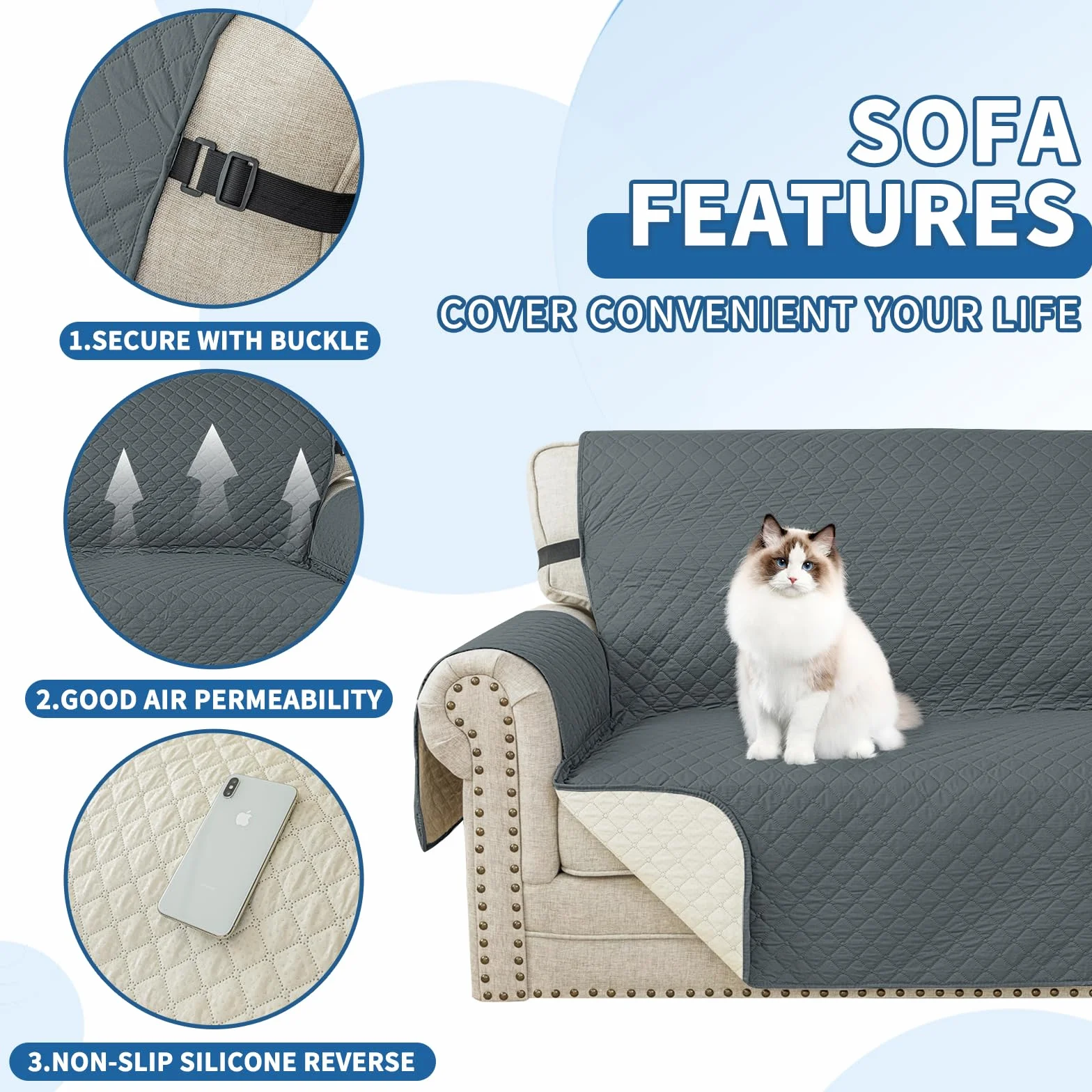 YSTELLAA Housse Canapé 3 Places Impermeable Universelle Réversible Antidérapante Protection Griffures Chat Chien Gris Foncé