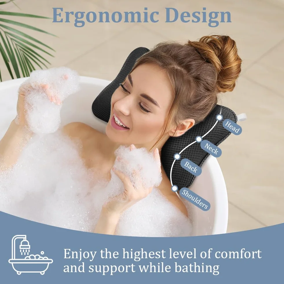 Flintronic Oreiller de Bain Coussin Baignoire Air Mesh Ergonomique avec 2 Ventouses Antidérapantes Noir