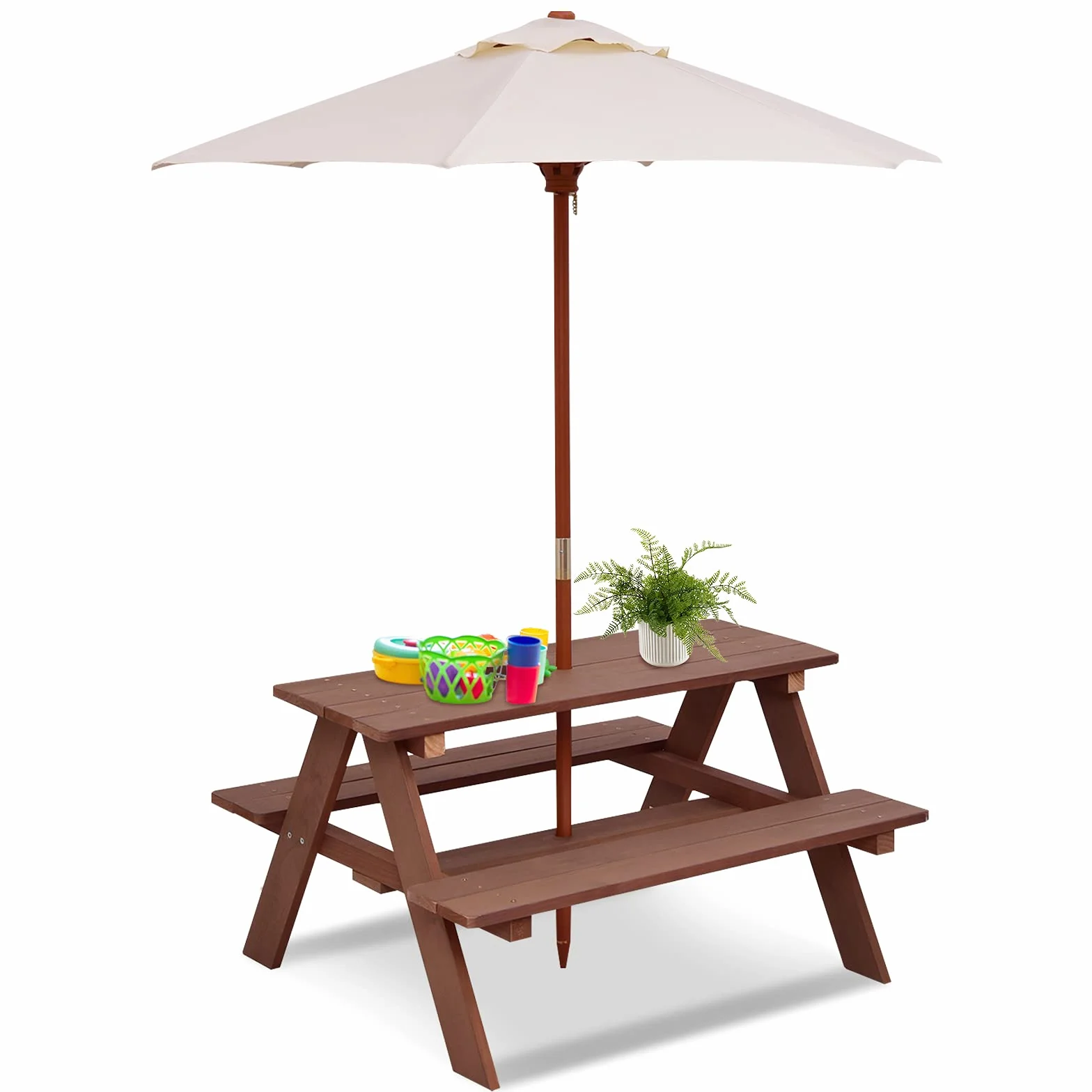 COSTWAY Table de Pique-Nique Enfants avec Parasol Amovible, Bois, 89x79x175cm