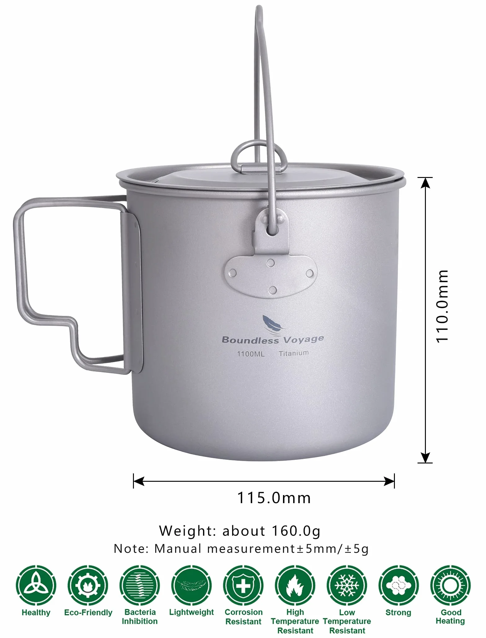 Boundless Voyage Outdoor 300ml 750ml 1100ml 1300ml 2900ml Titanium Pot with Lid Folding Bail Handle Camping Hiking Picnic Ultralight Portable Water Bottle Cup Mug Spork Set