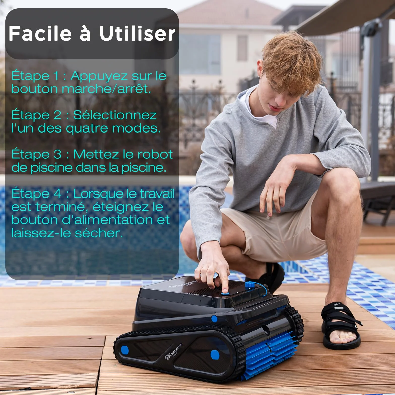 Robot Piscine Fond et Parois sans Fil 120 Min Autonomie 200㎡ Navigation Intelligente