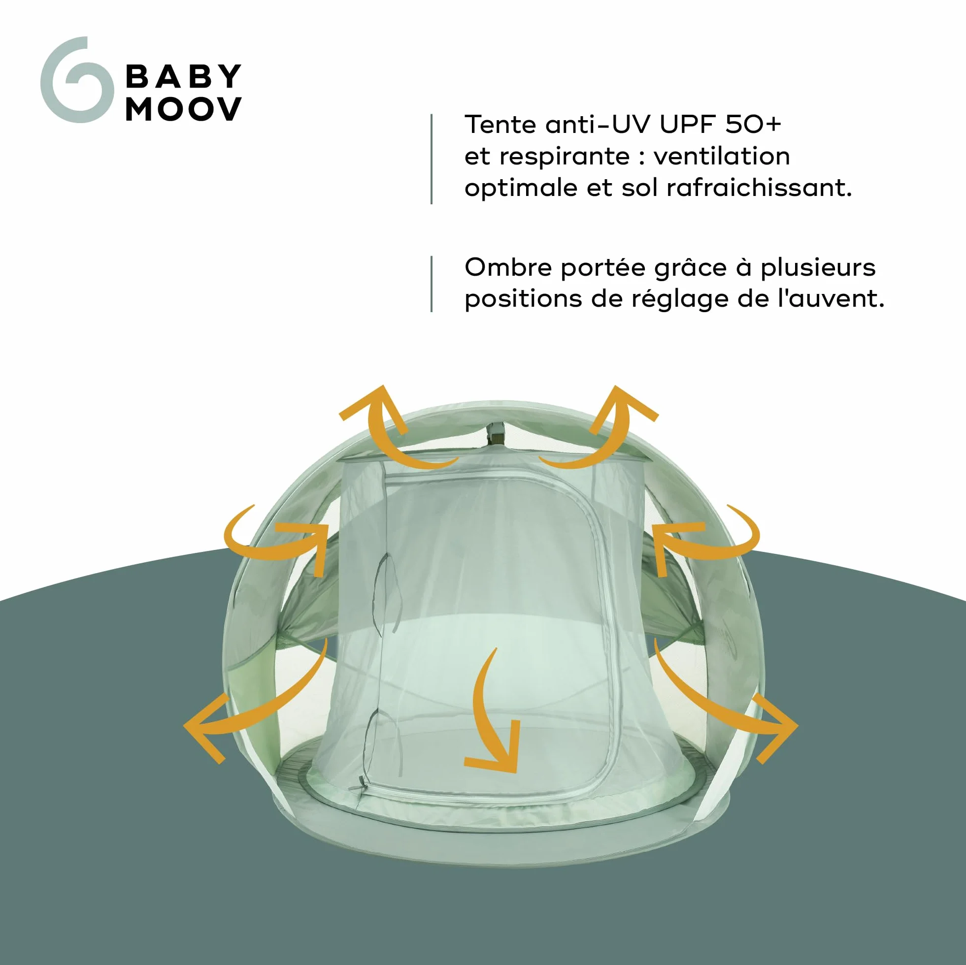 Babymoov Tente Anti-UV Bébé Rafraichissante Moov & Protect - Haute protection Anti-UV UPF 50+ - Système Pop Up - Grande Tente de plage - Moustiquaire à Maille Fine, Green Lagoon