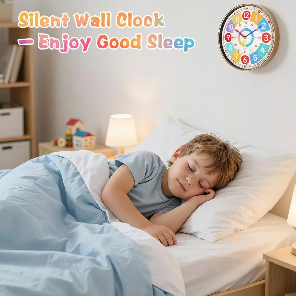 Vicloon Horloge Murale Enfants 30cm Apprentissage sans Tic-Tac Analogique Lire L'heure