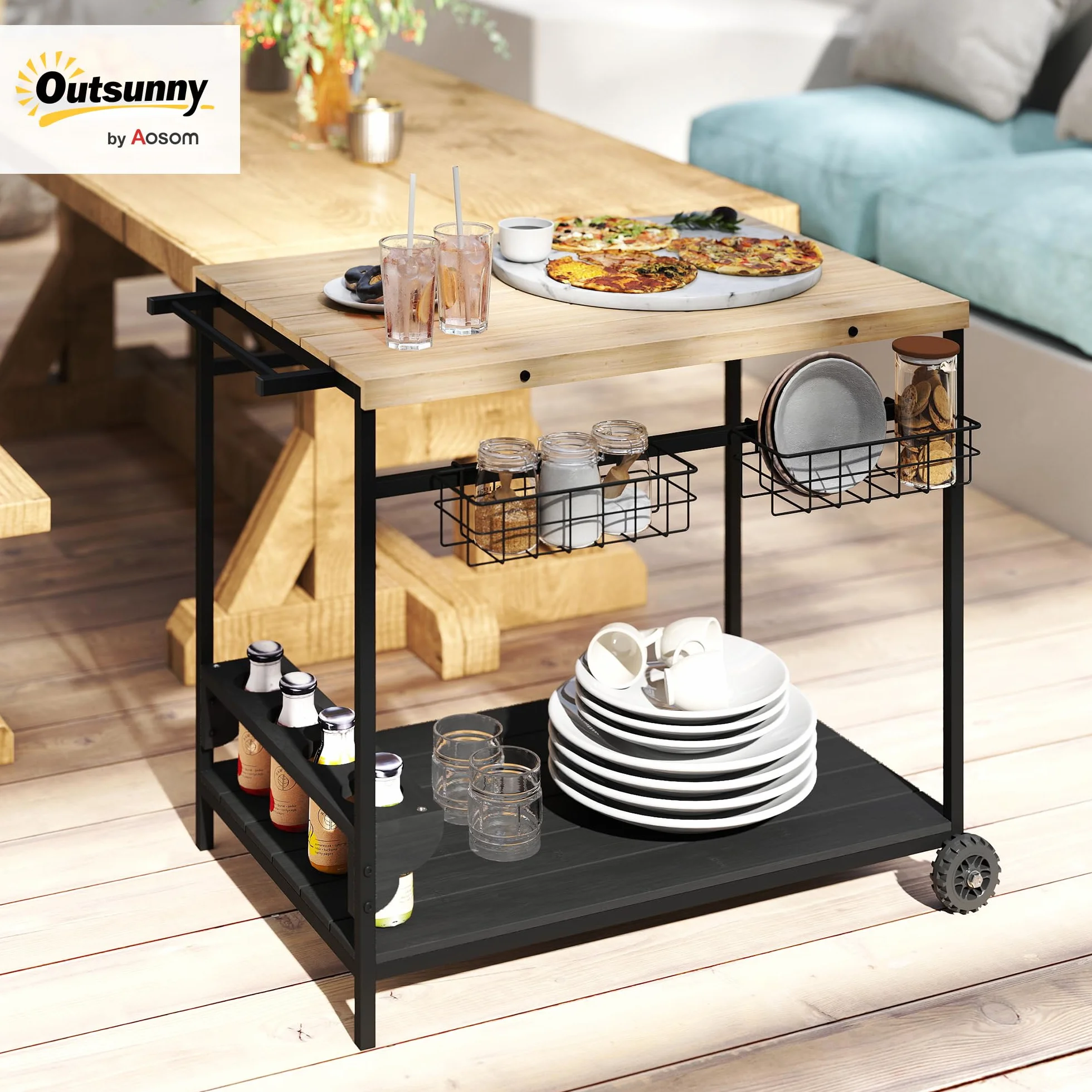 Outsunny Desserte de Jardin Chariot pour plancha Barbecue en Bois et métal 2 Plateaux 2 paniers Porte-Bouteilles 97,5L x 65l x 81H cm Naturel Noir