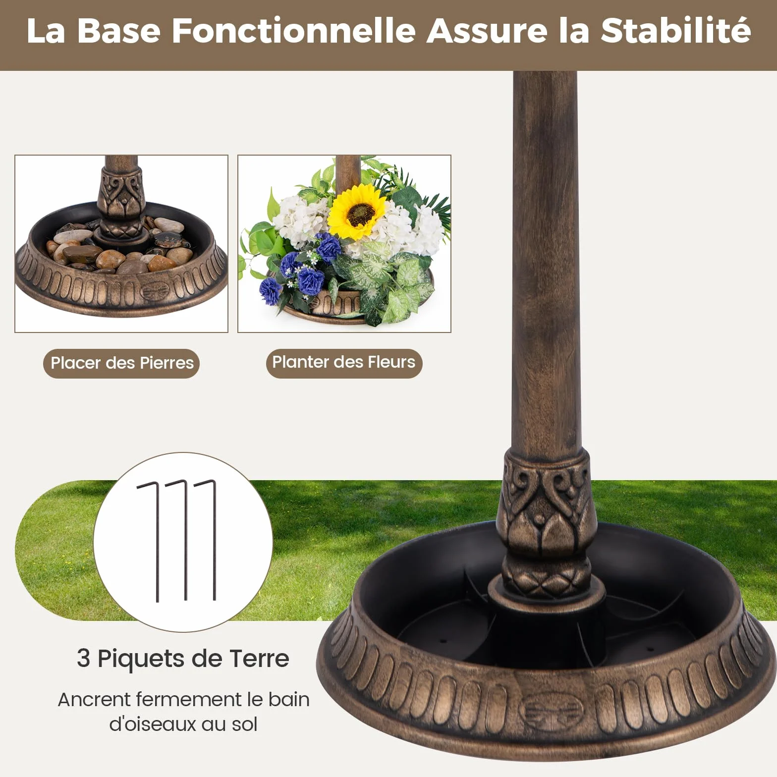 COSTWAY Bain d'oiseaux 3 en 1 Solaire, Décoration Extérieur Pied Rétro Éclairé Lampe Jardinière Mangeoire Abreuvoir Oiseaux Jardin Bronze