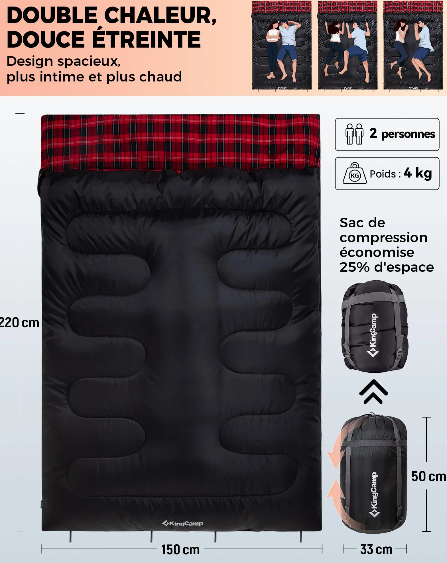 KingCamp Sac de Couchage Double 220x150cm avec 2 Oreillers pour Camping