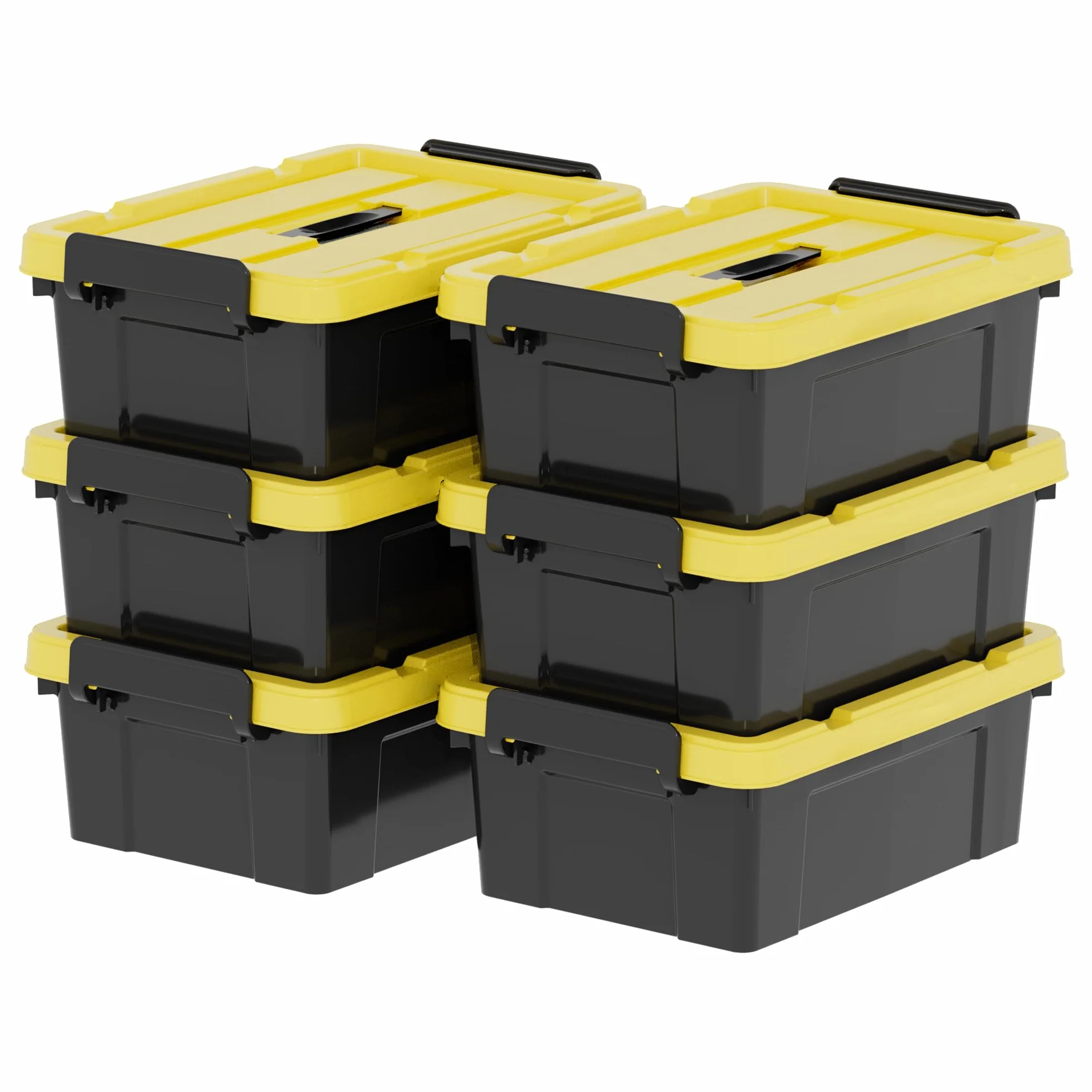 Lot de 6 boîtes de rangement en plastique avec couvercles, 15 L, empilable, noir et jaune