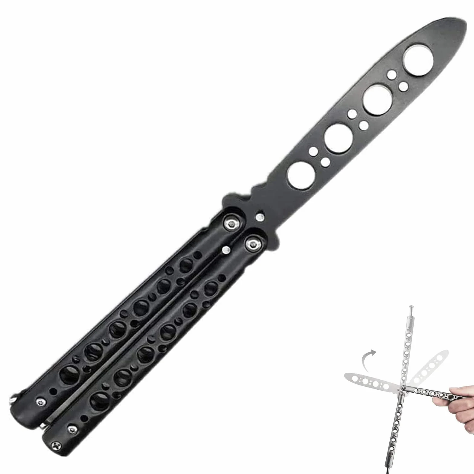 Couteau Papillon Lame Entraînement Métal Non Tranchante Acier Inoxydable Sans Danger Adapté Aux DéButants (Noir)