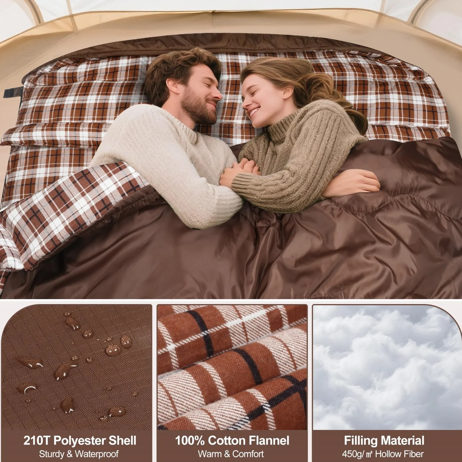 Sac de Couchage Double 2 Personnes Hiver - Flanelle de Coton 100%, Chaud et Imperméable pour Adulte, Camping Voyage Extérieur Maison