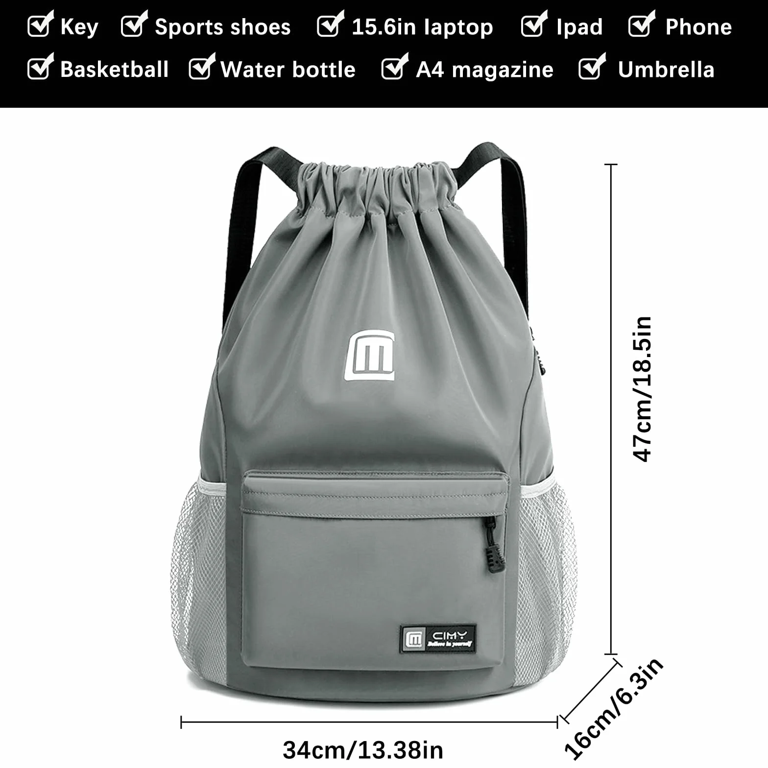 Sac à Dos Cordon Grand, Sac de Sport Imperméable pour Homme Femme Sac Cordon Sac à Dos pour Shopping Yoga Sport Voyage, Gris