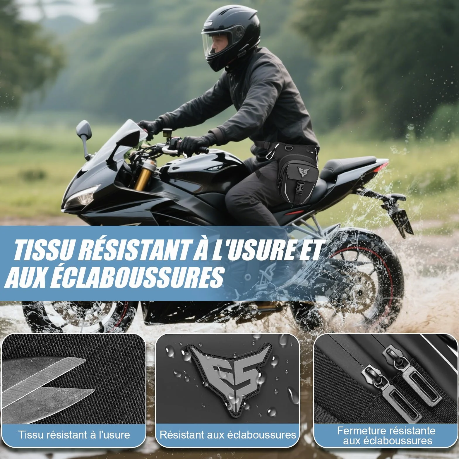 Eshow Sacoche de Jambe Moto Capacité Extensible,Sac Banane Homme Femme Bande Réfléchissante, Ceinture Réglable, 4 Mousquetons Randonnée Outdoor
