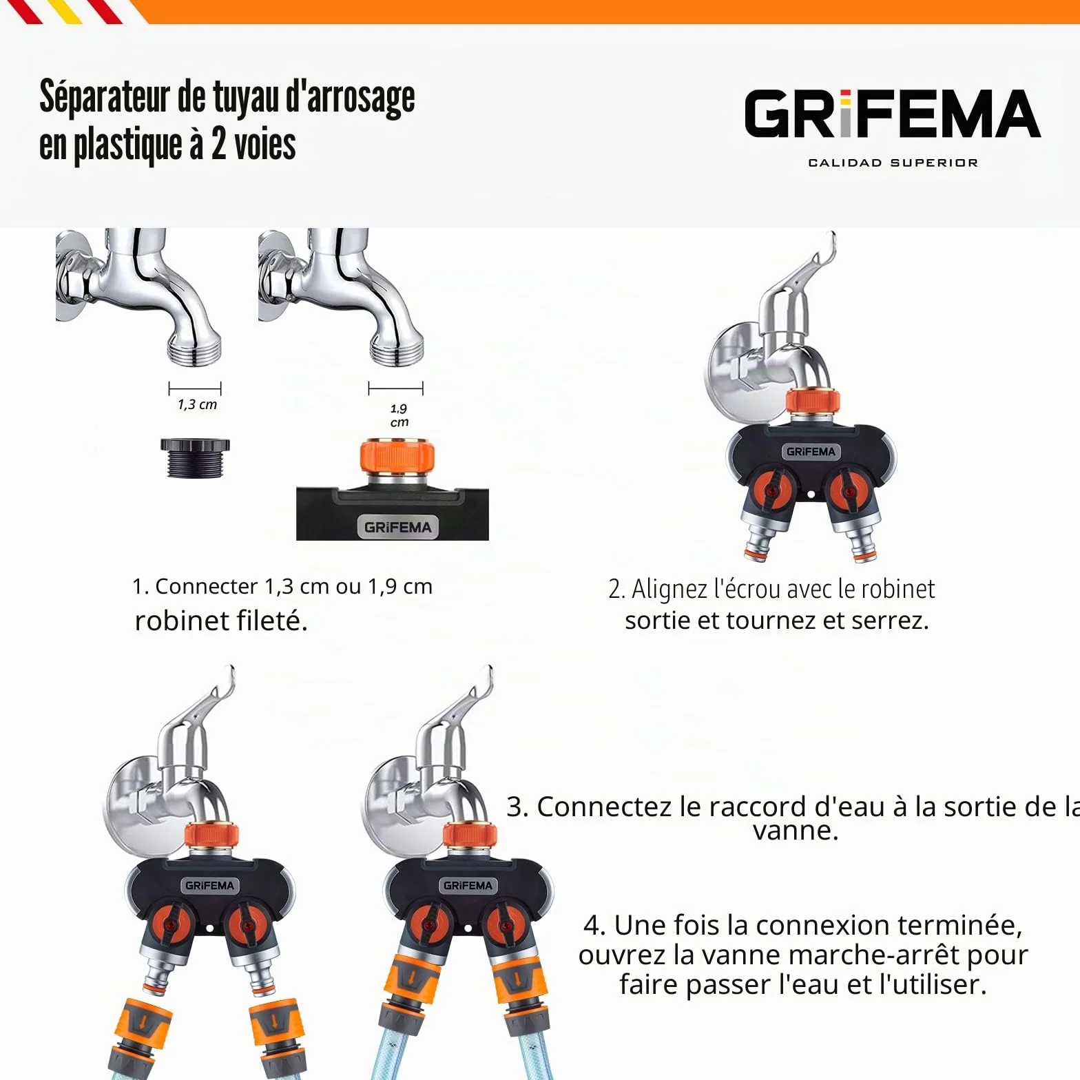GRIFEMA GE1401-2 Distributeur Arrosage 2 Voies Diviseur de Tuyau avec Interrupteur de Commande Orange/Noir