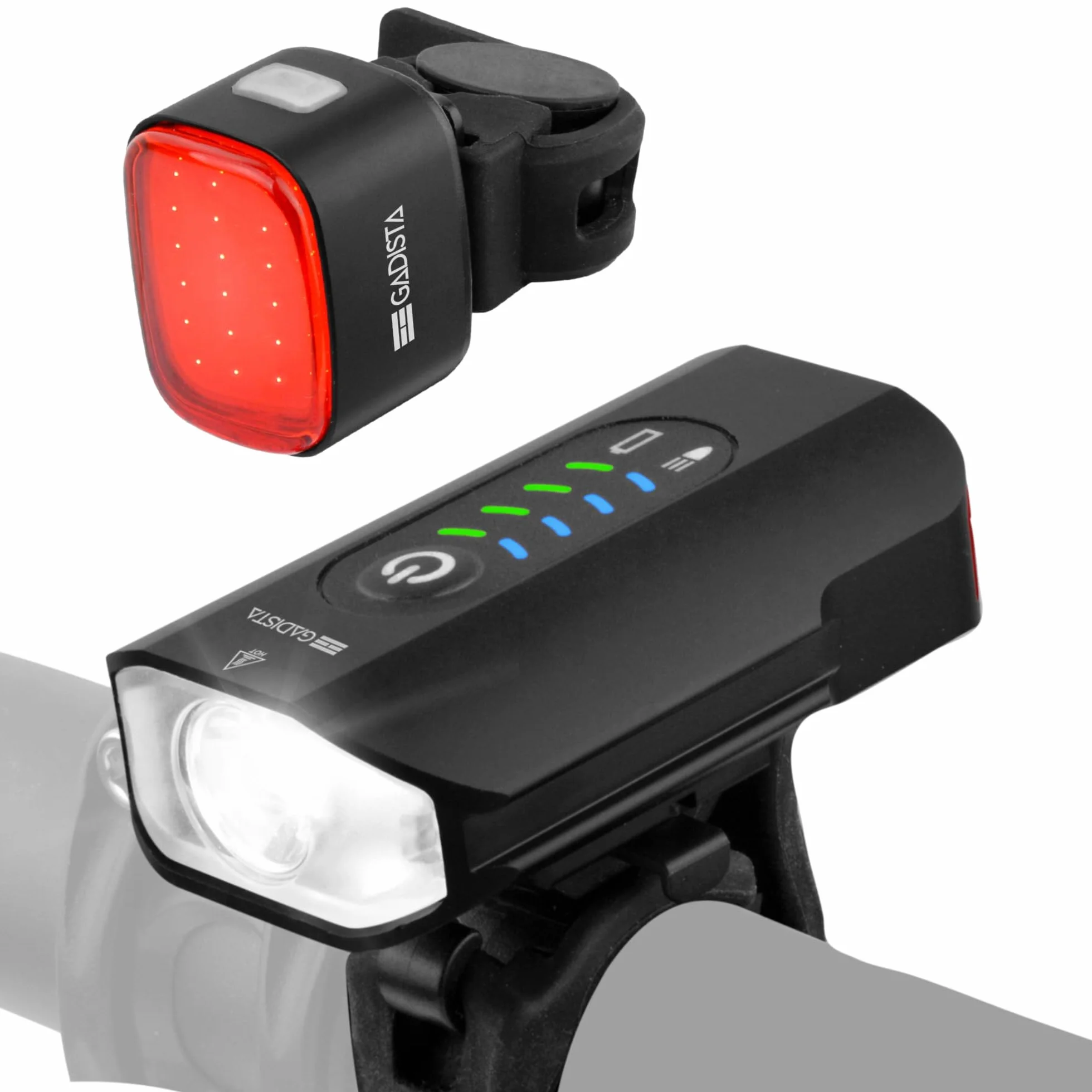 GADISTA France, Set Lumiere Velo Avant et Arriere en Aluminium avec Affichage du Niveau de Batterie d'excellente Fabrication. eclairage Velo puissantes Rechargeable USB, Lampe Velo, Clignotant vélo