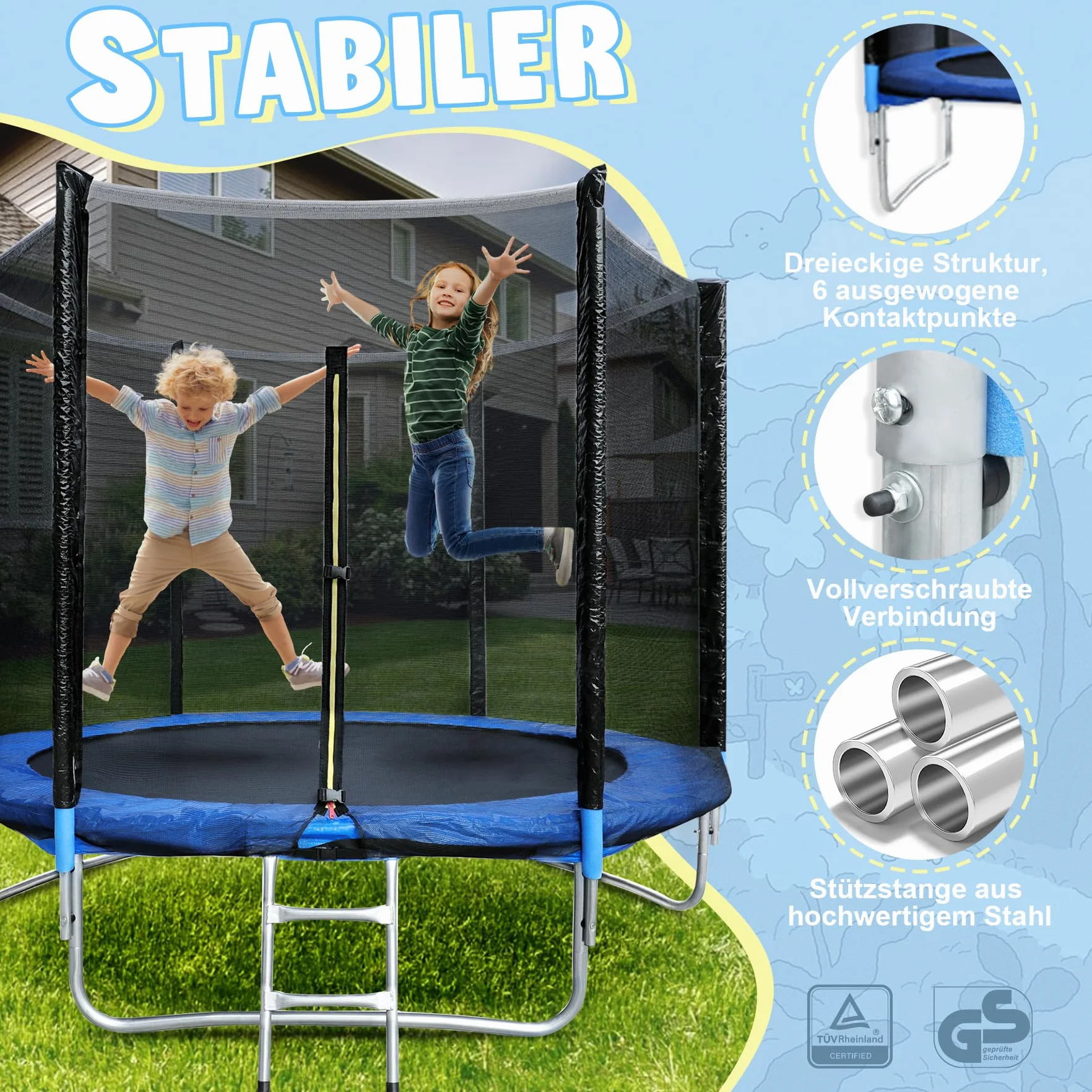 Trampoline de jardin avec filet de sécurité certifié TÜV GS, imperméable, résistant aux UV
