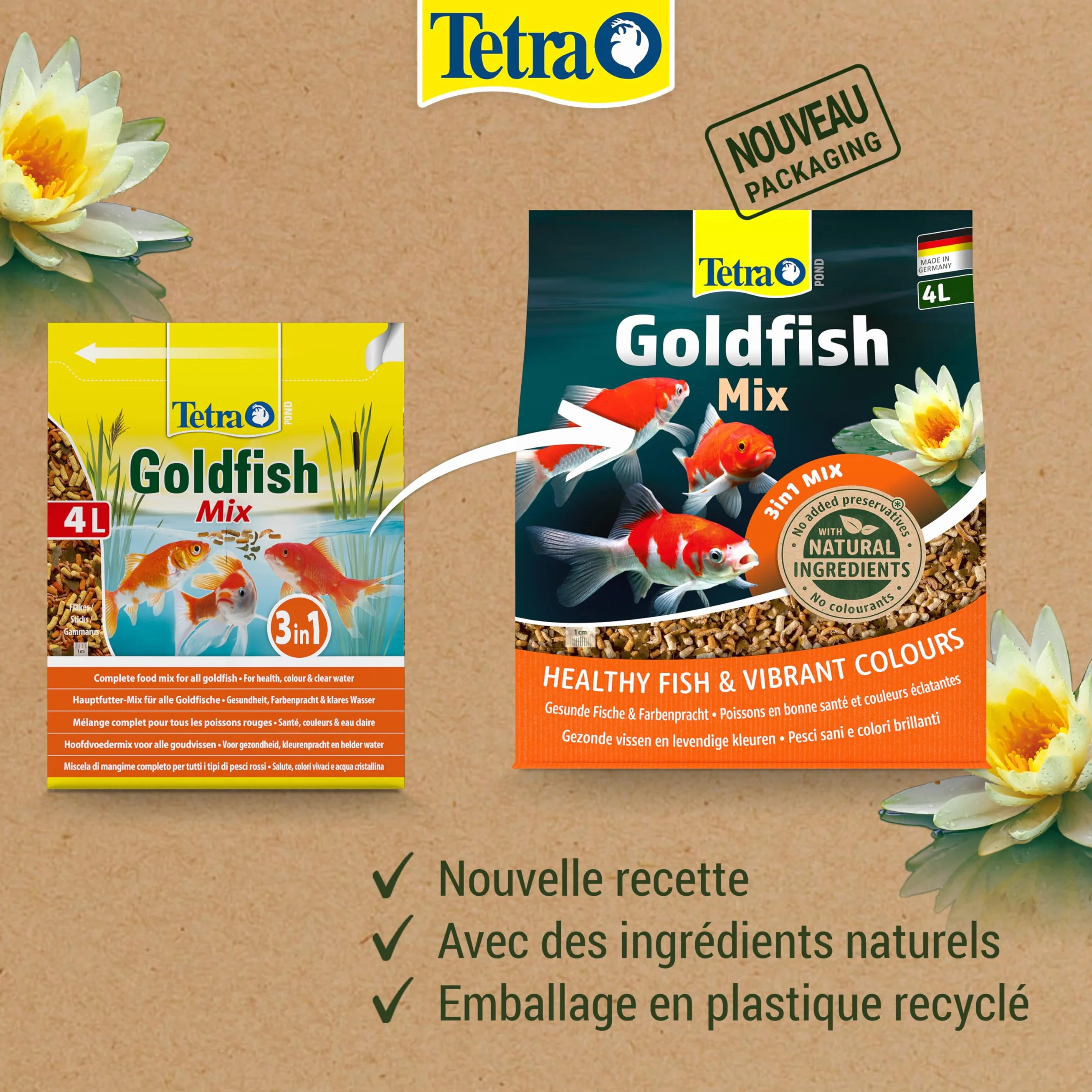 Tetra Pond Goldfish Mix – Aliment Complet pour Poissons Rouges de Bassin - Sticks, Flocons, Gammarus - 4 L