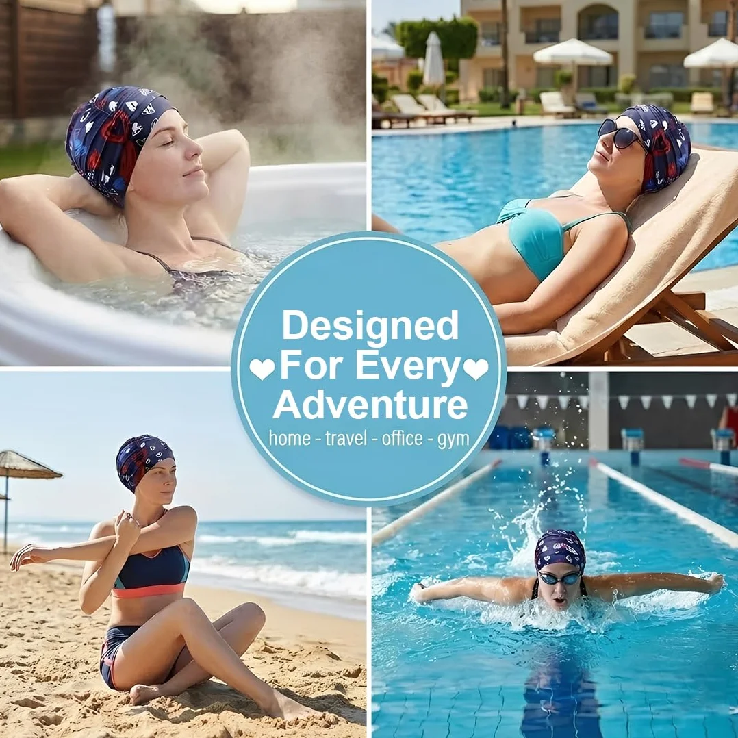 Bonnet de Bain Nylon à Motifs Cœurs, Fond Bleu Marine, 1 Pièce