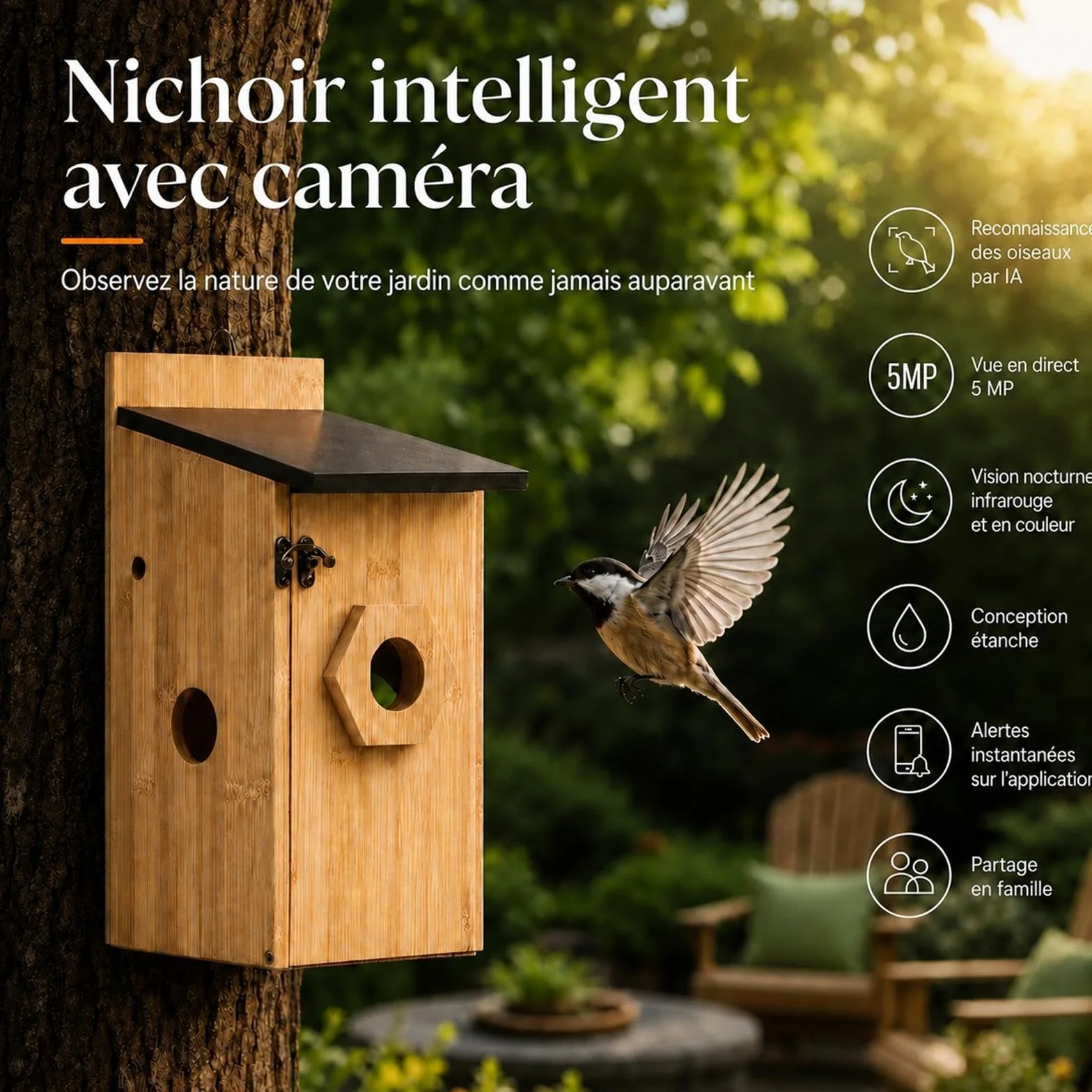 Nichoir Oiseaux avec Caméra 5MP HD WiFi 2.4G Vision Nocturne Exterieur
